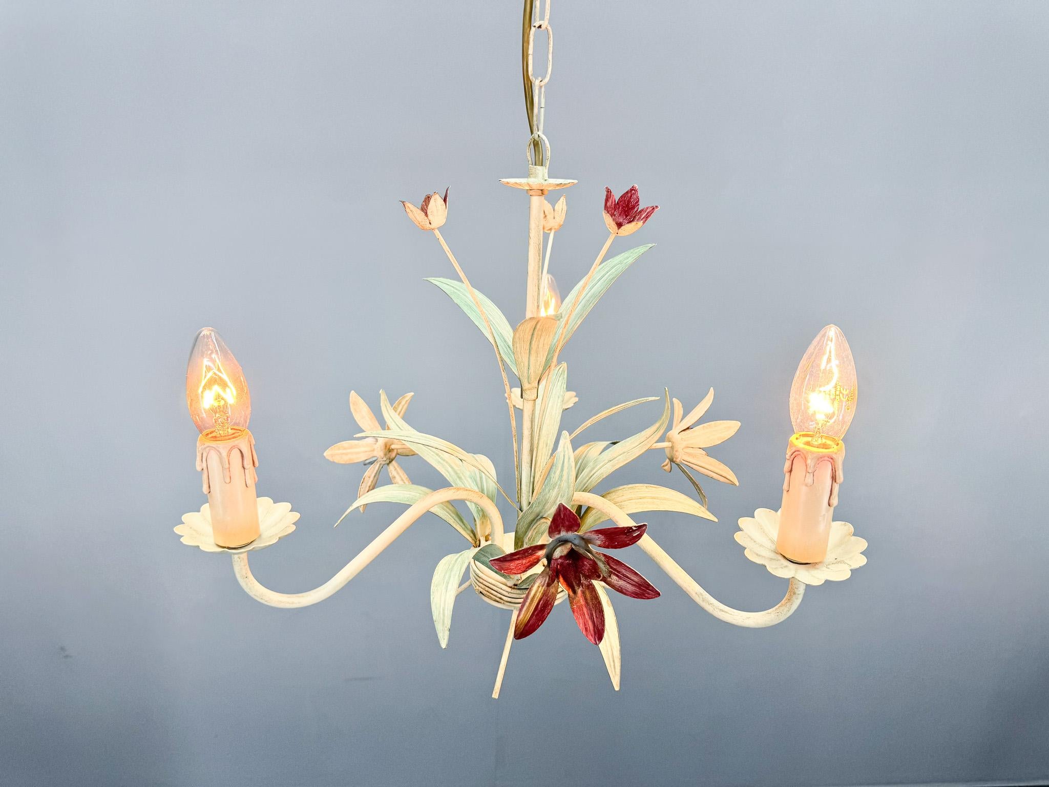 Vintage Metal Floral Chandelier, France, 1970's For Sale 1
