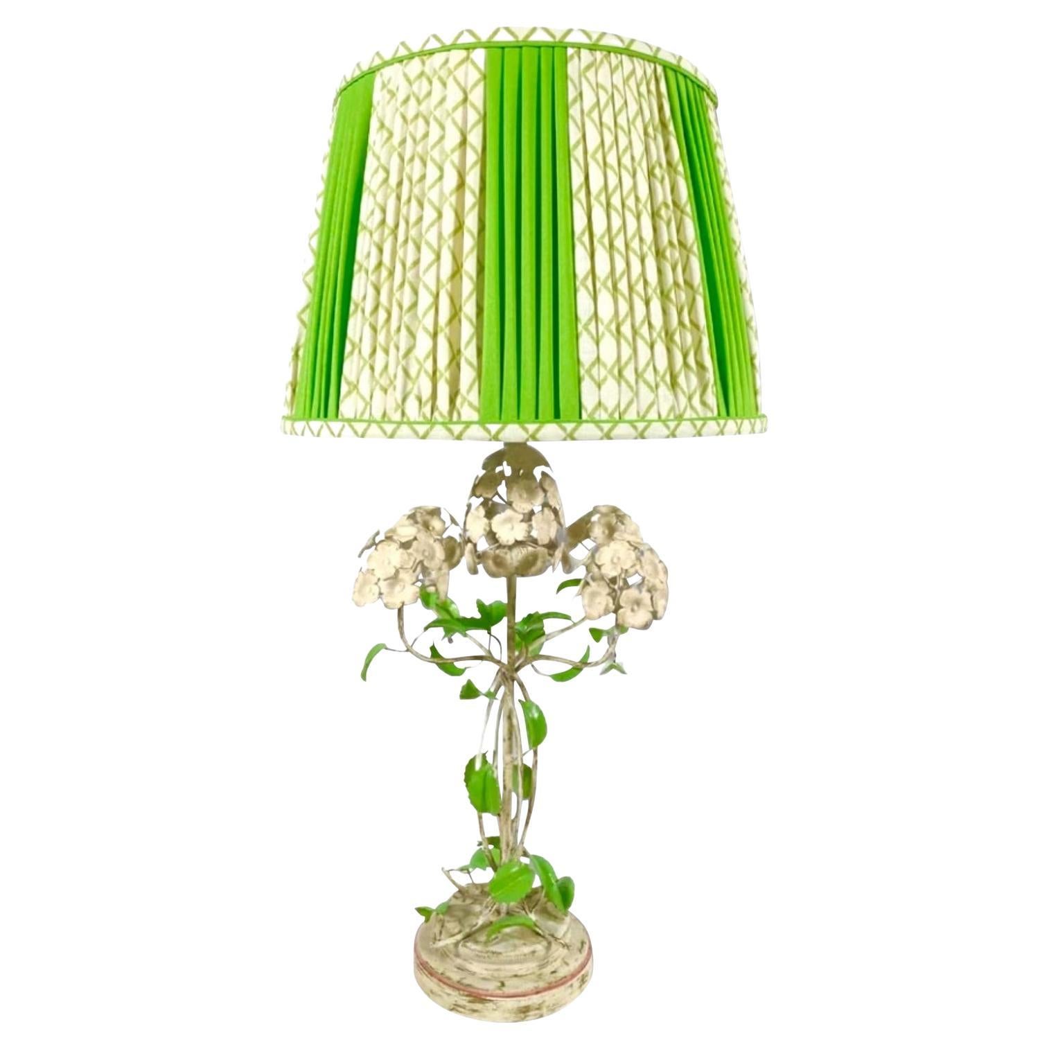Vintage Metal Floral Lamp with Matching Shade For Sale