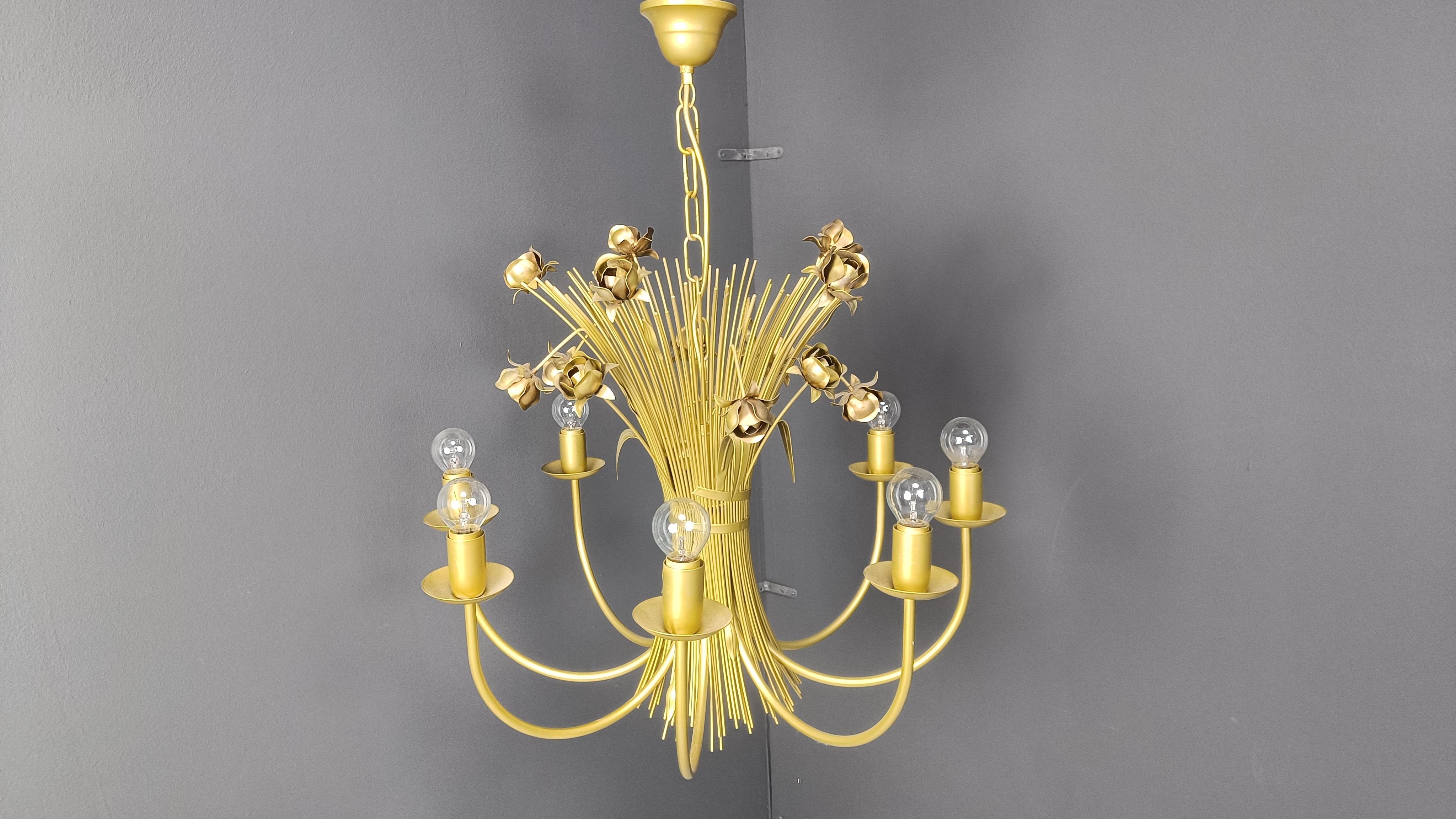 Hollywood Regency Vintage metal flower chandelier, 1980s For Sale
