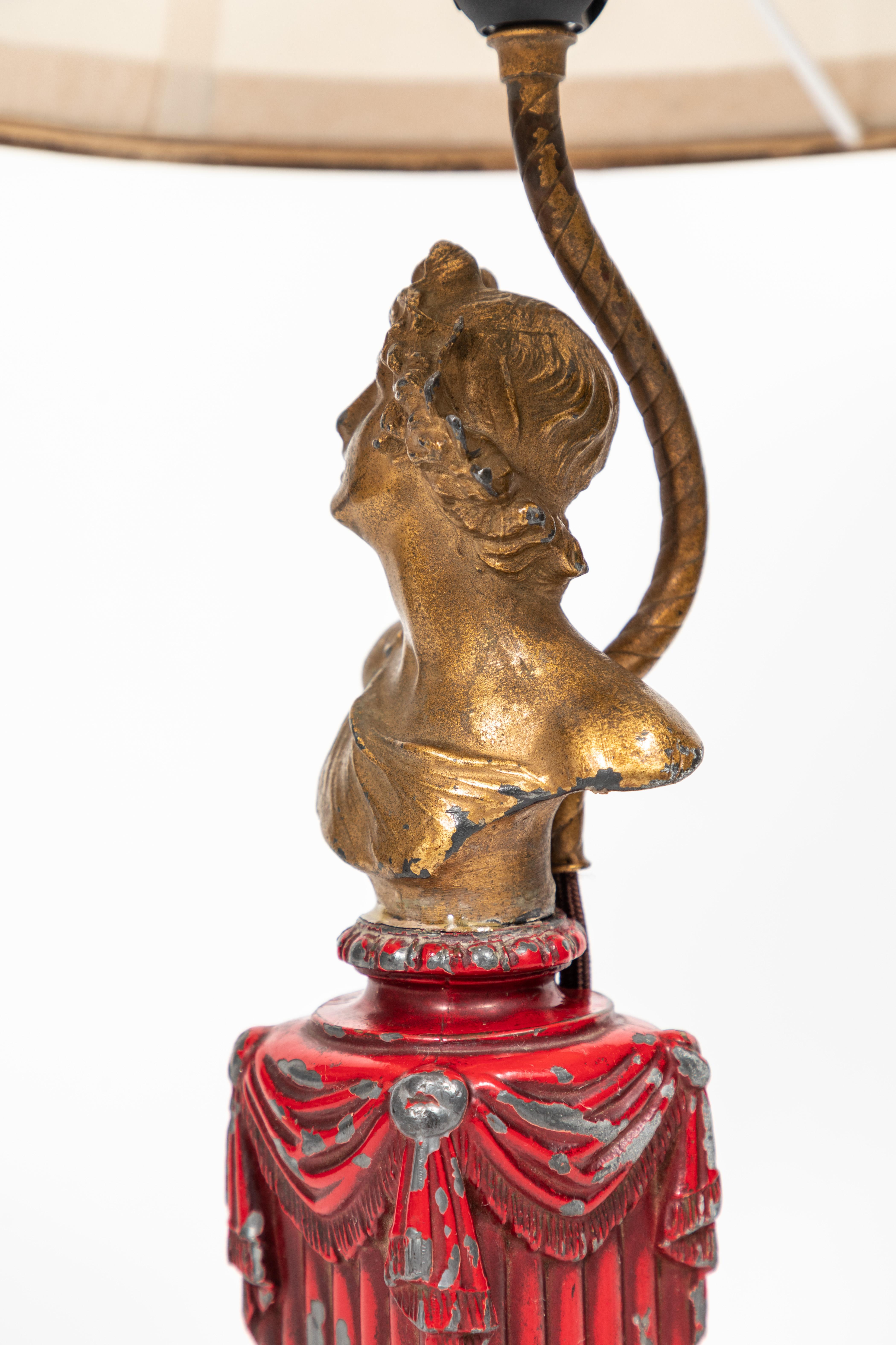 Oiled Vintage Metal Greek Bust Lamp with Original Red & Gold Paint