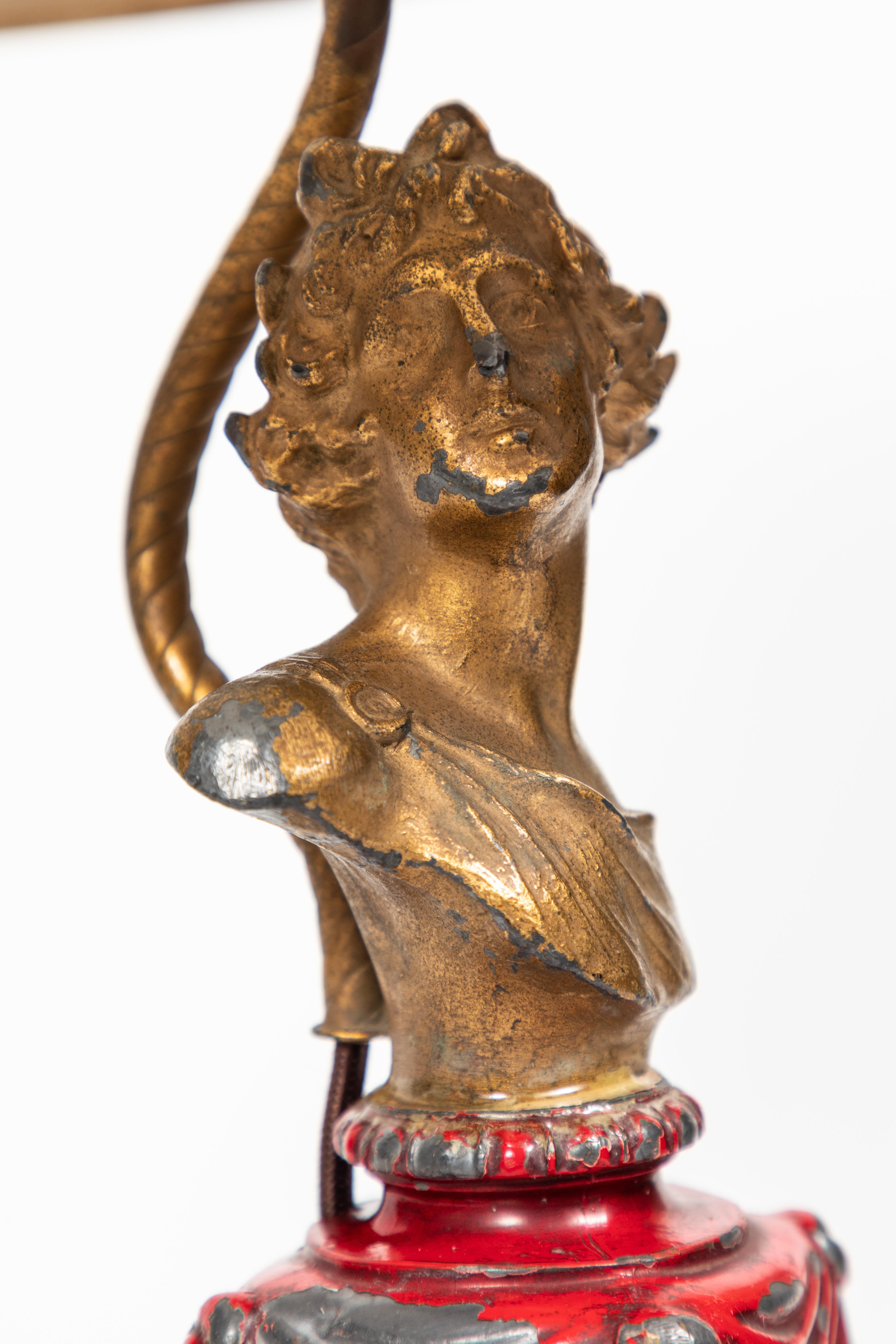 Vintage Metal Greek Bust Lamp with Original Red & Gold Paint In Good Condition In Pasadena, CA