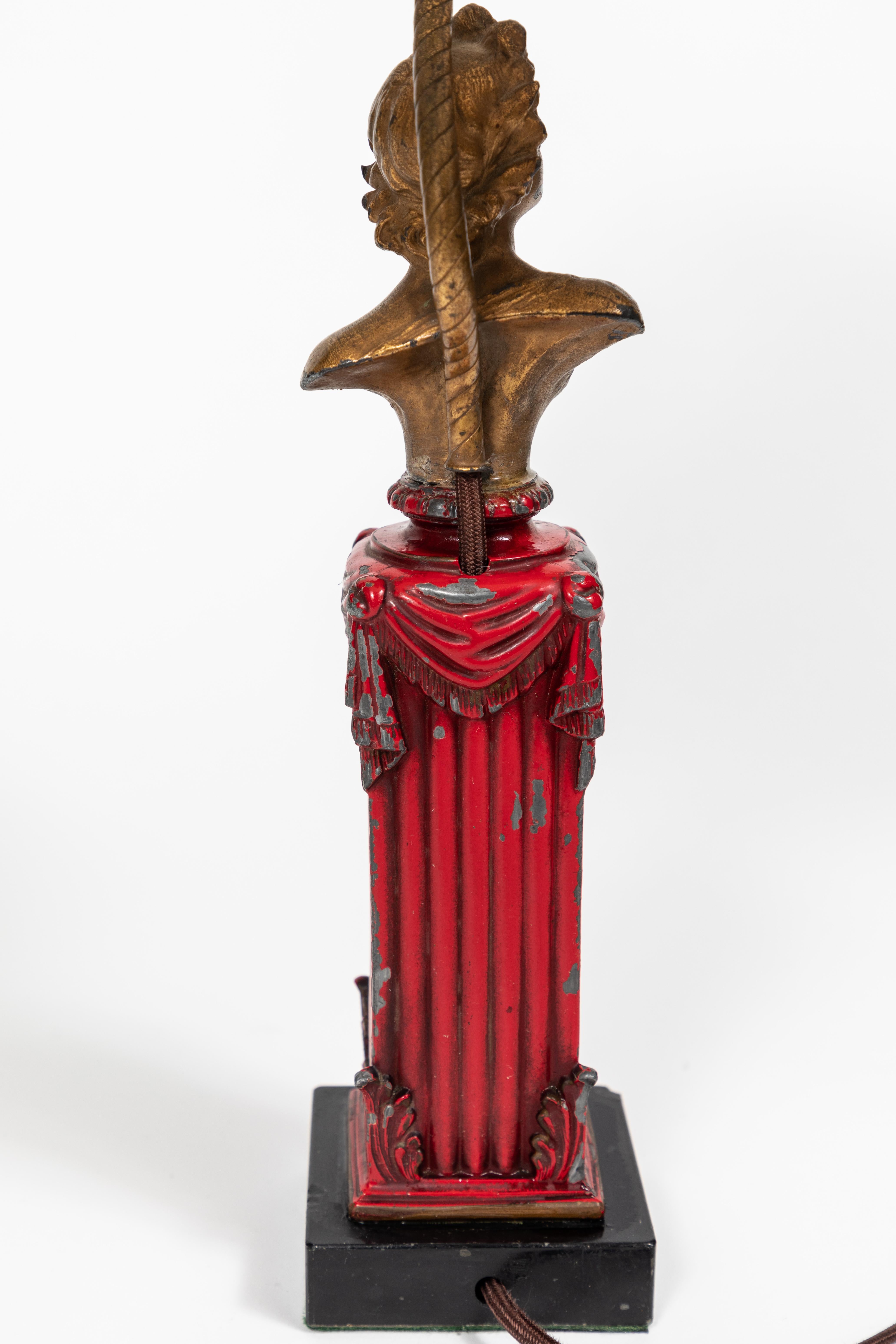 20th Century Vintage Metal Greek Bust Lamp with Original Red & Gold Paint