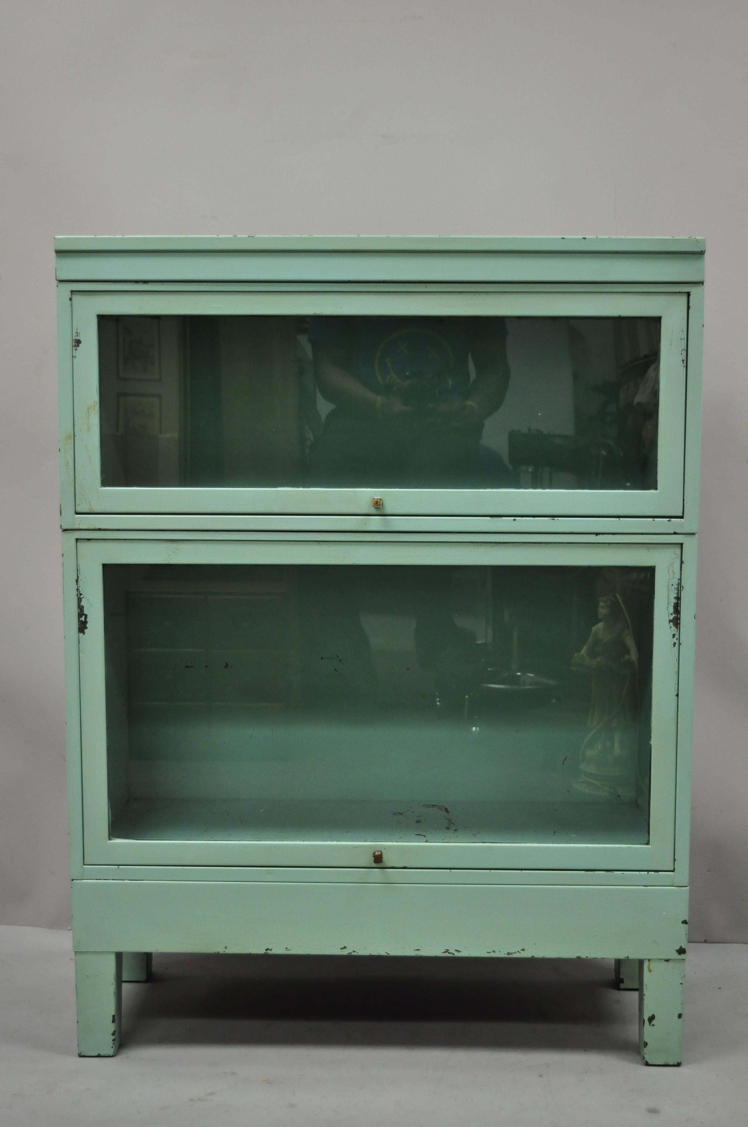 Vintage Metal Green 2 Section Barrister Lawyer's Stacking Bookcase Shaw Walker 2