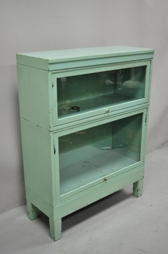Vintage Metal Green 2 Section Barrister Lawyer's Stacking Bookcase Shaw Walker