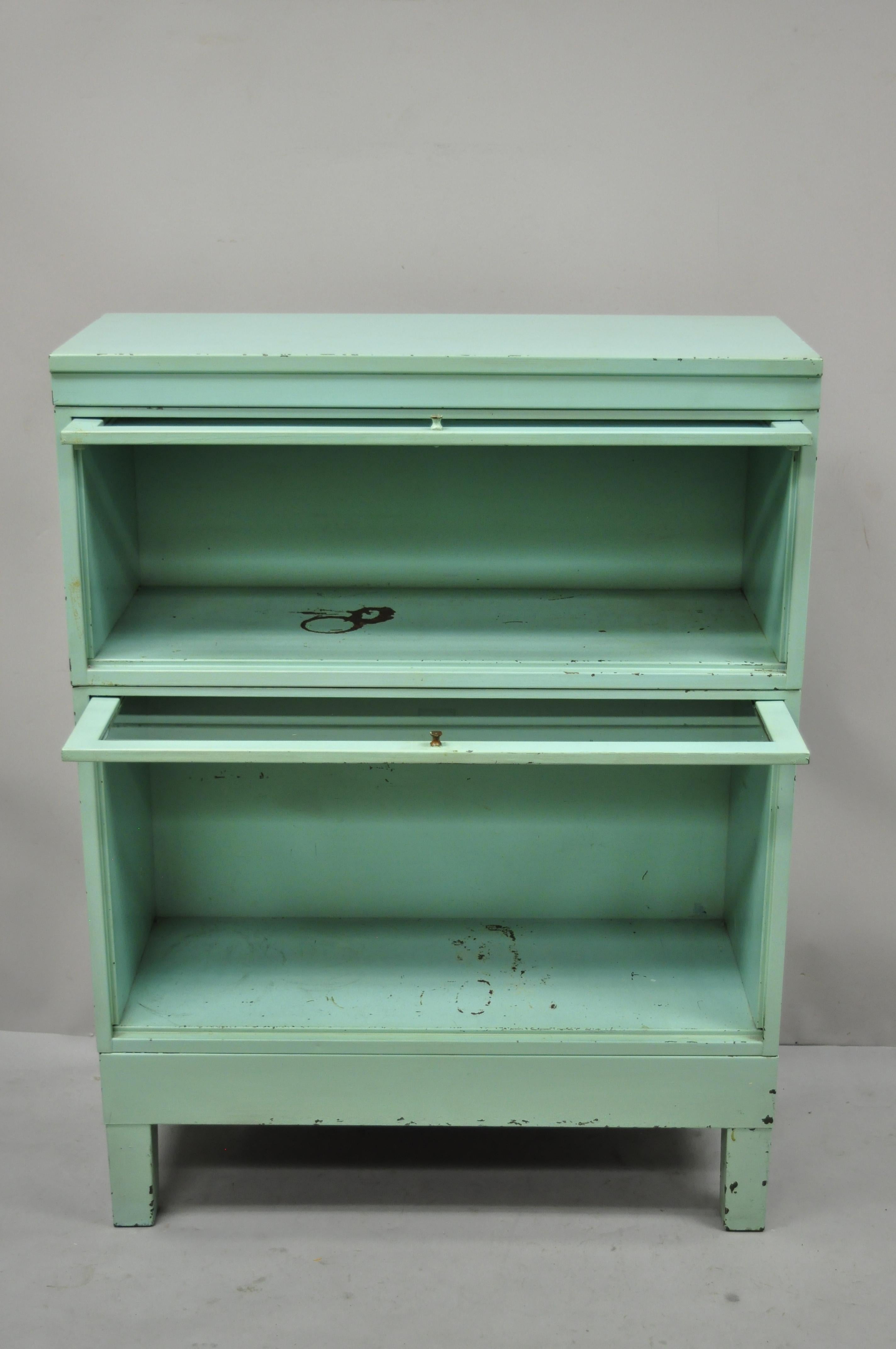 Industrial Vintage Metal Green 2 Section Barrister Lawyer's Stacking Bookcase Shaw Walker