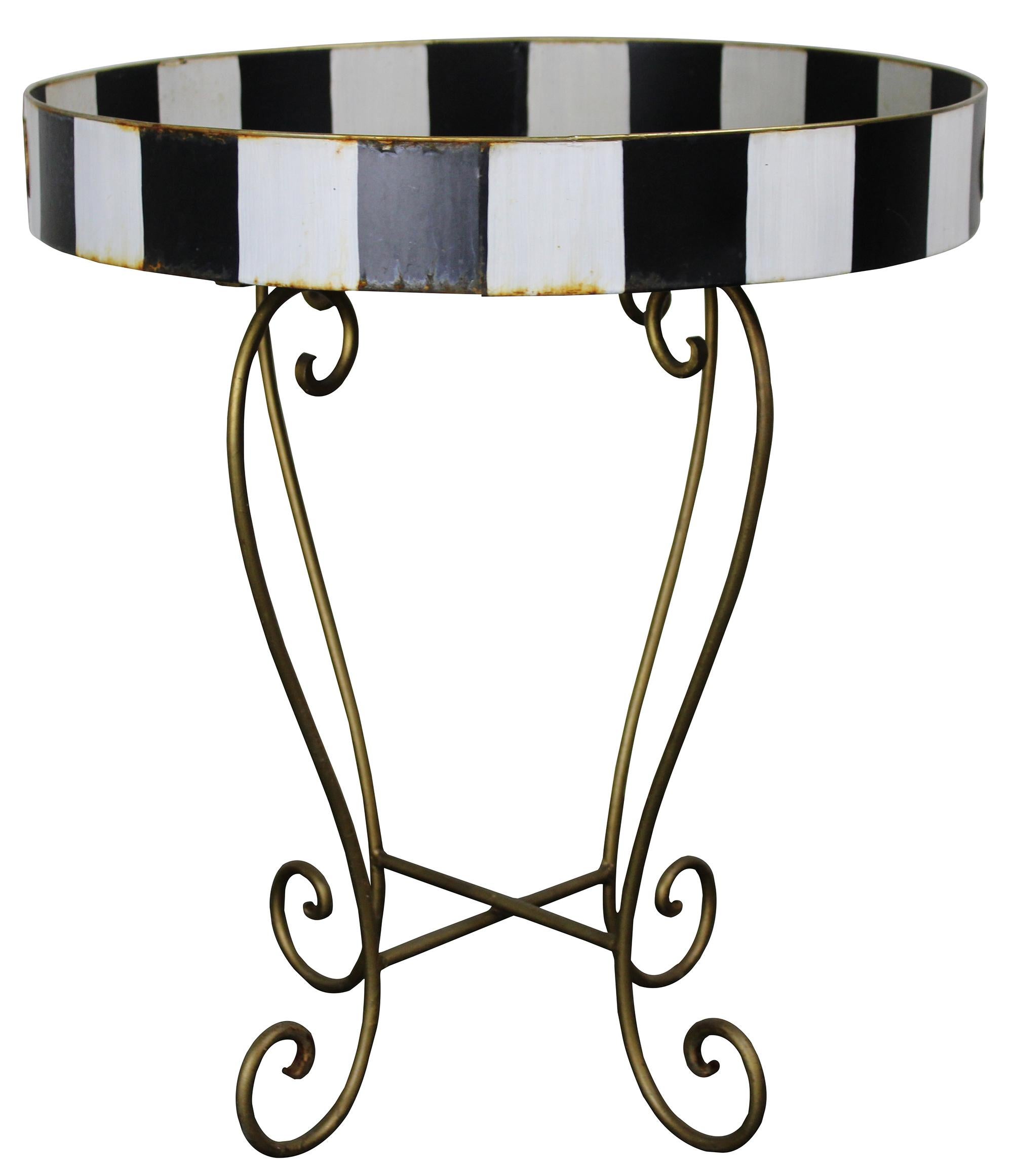 Vintage hand painted metal tray table. Features black and white painted tole tray and base.

Measures: Base: 12