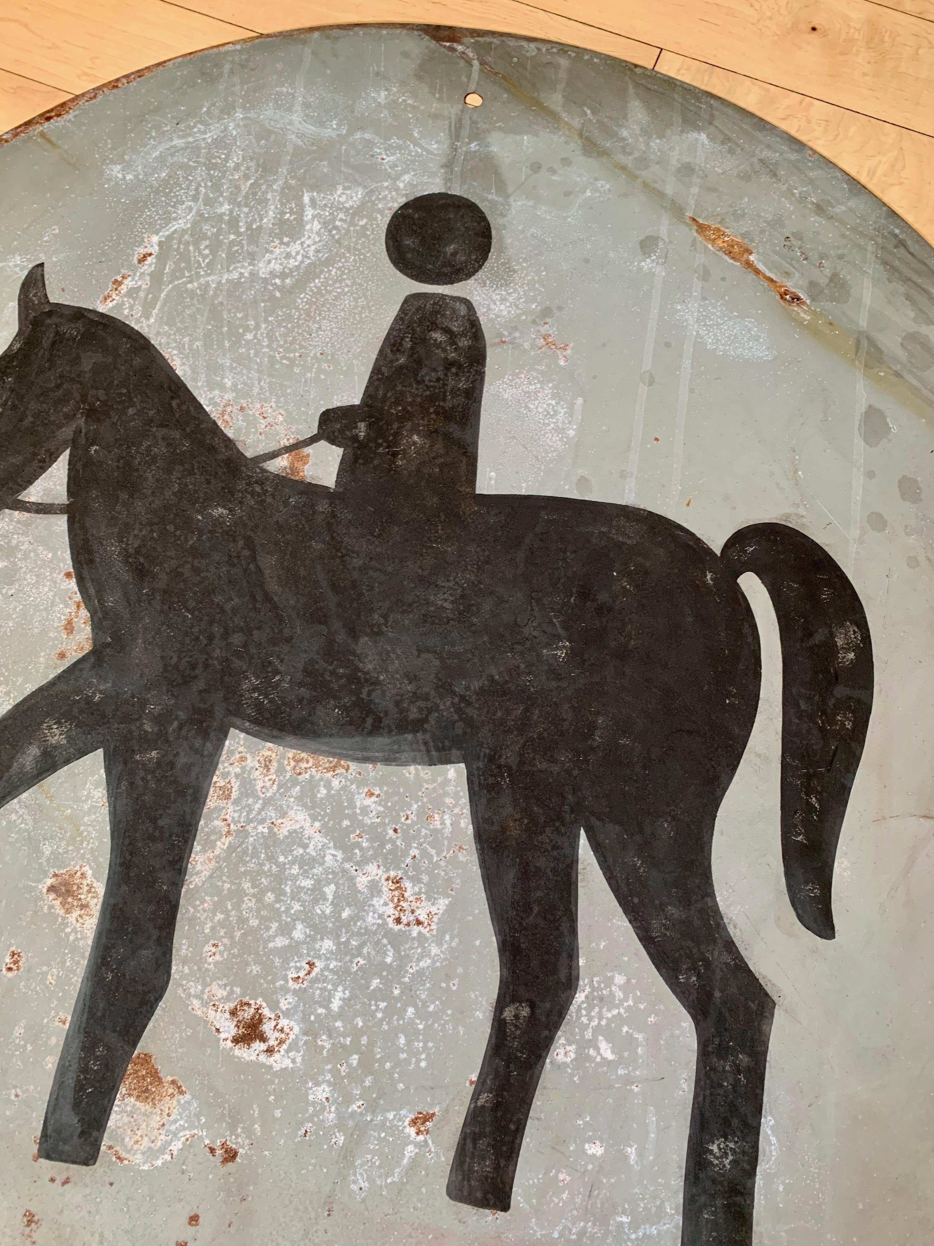 Vintage metal sign depicting a horse with rider. Taken from a national park here in California. Great patina to metal. Cool piece of California ephemera. 

 