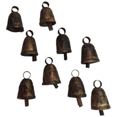 Vintage Metal Indian Artisanal Cow Bells with Wooden Chimes (One Set of (9)