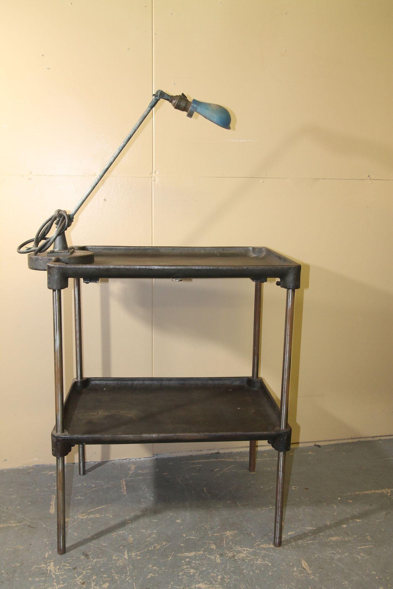 Industrial Vintage metal industrial work table with OC white lamp attached For Sale