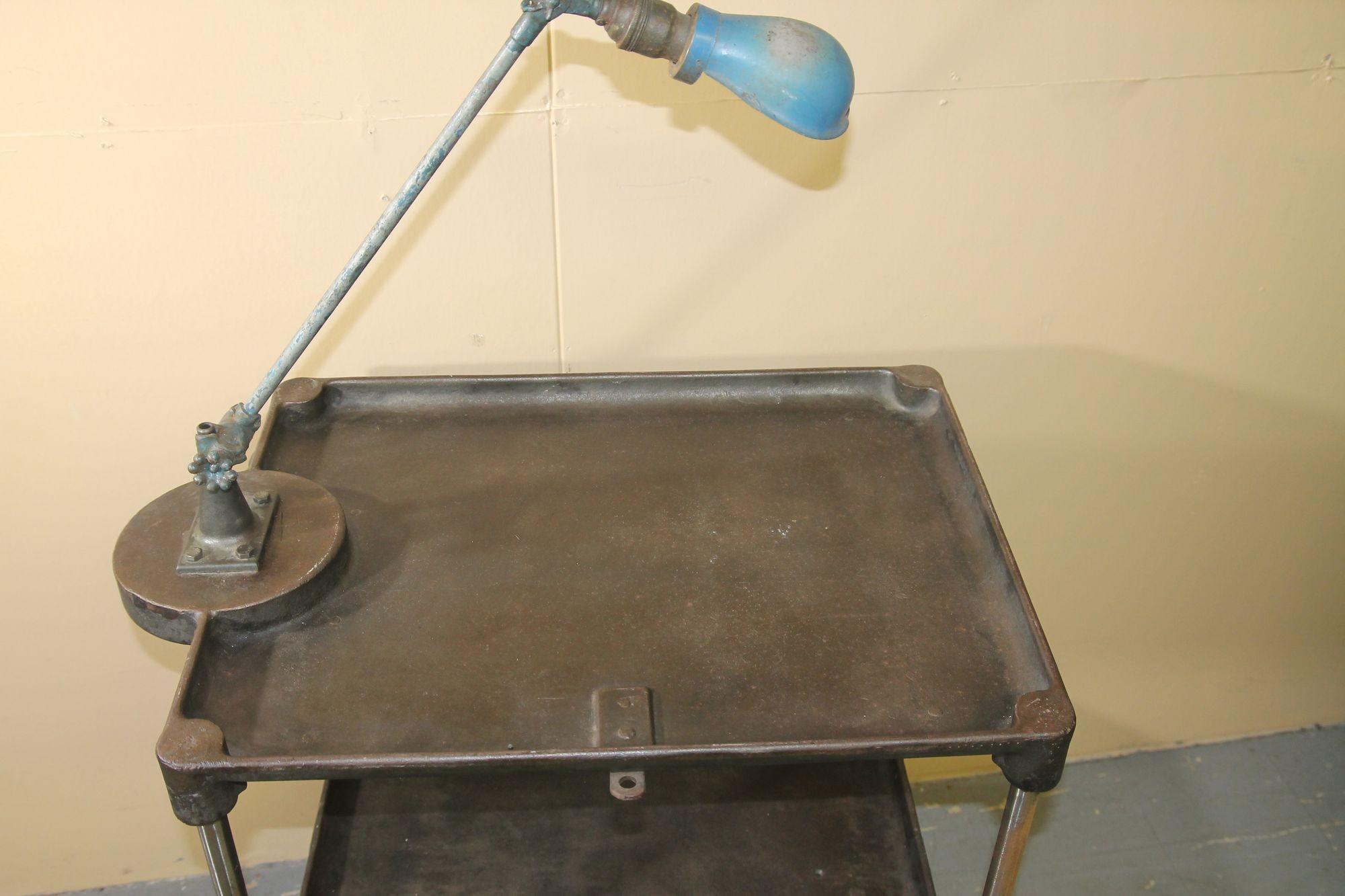 Vintage metal industrial work table with OC white lamp attached For Sale 1