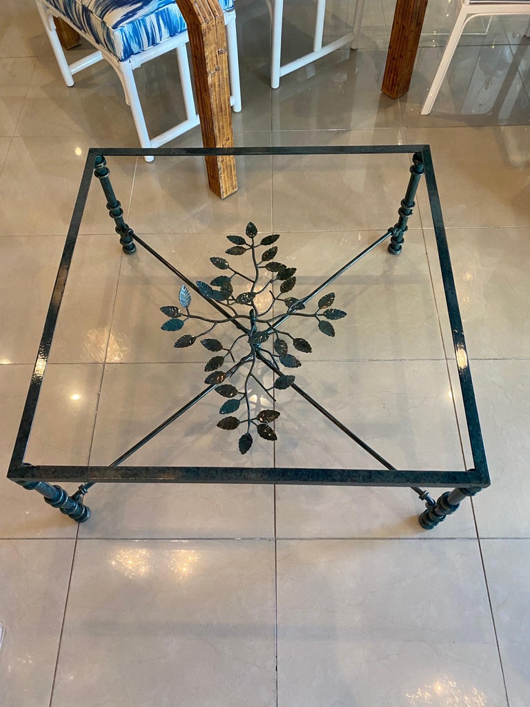 Vintage Metal Verdi Green Black Leaves Style of Giacometti Coffee Cocktail Table For Sale 4