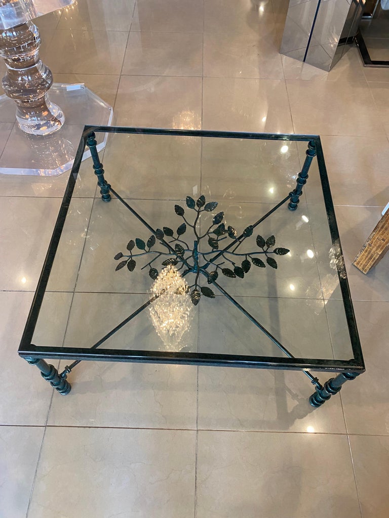 Vintage Metal Verdi Green Black Leaves Style of Giacometti Coffee Cocktail Table For Sale 10