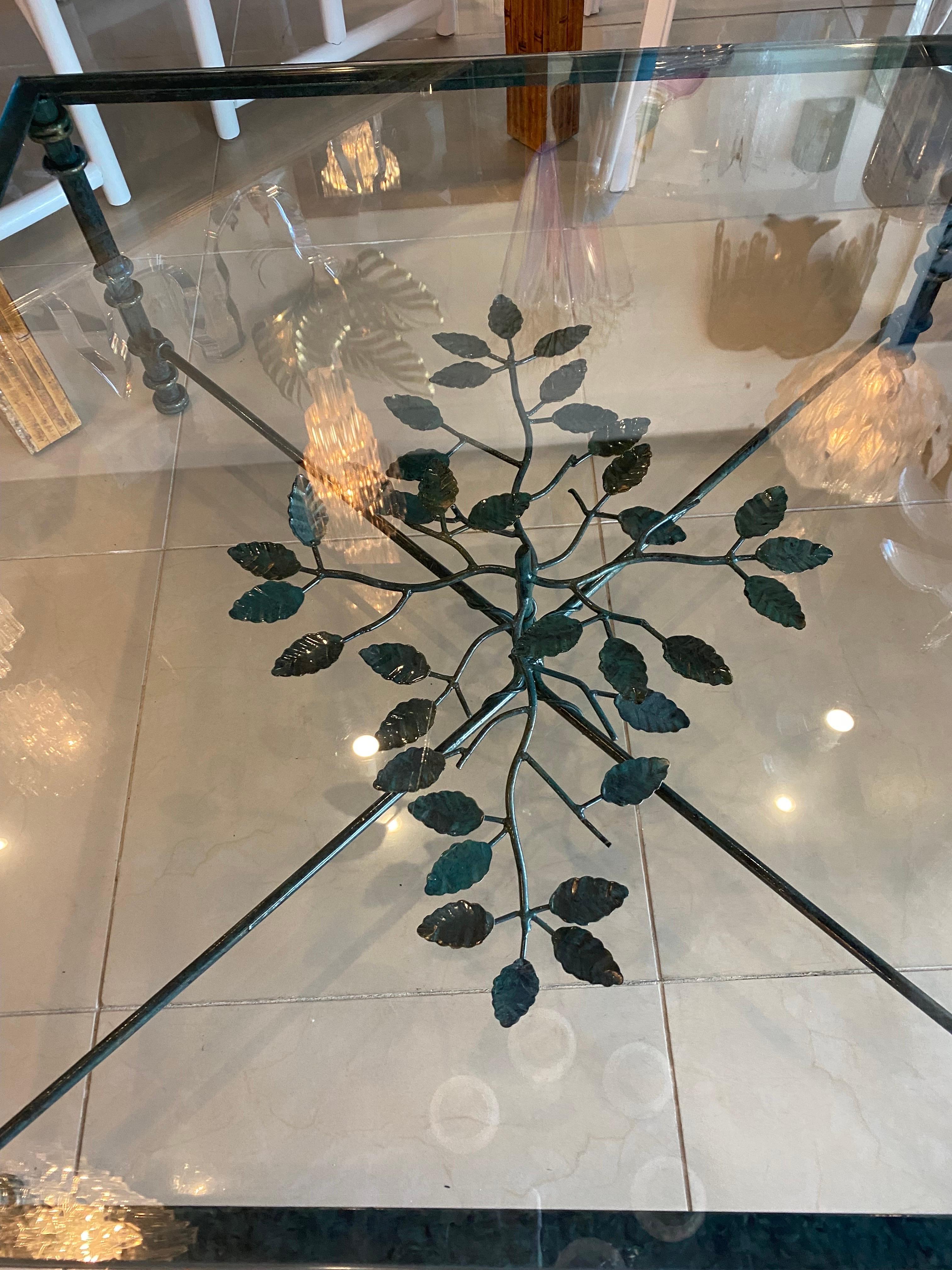Mid-Century Modern Vintage Metal Verdi Green Black Leaves Style of Giacometti Coffee Cocktail Table