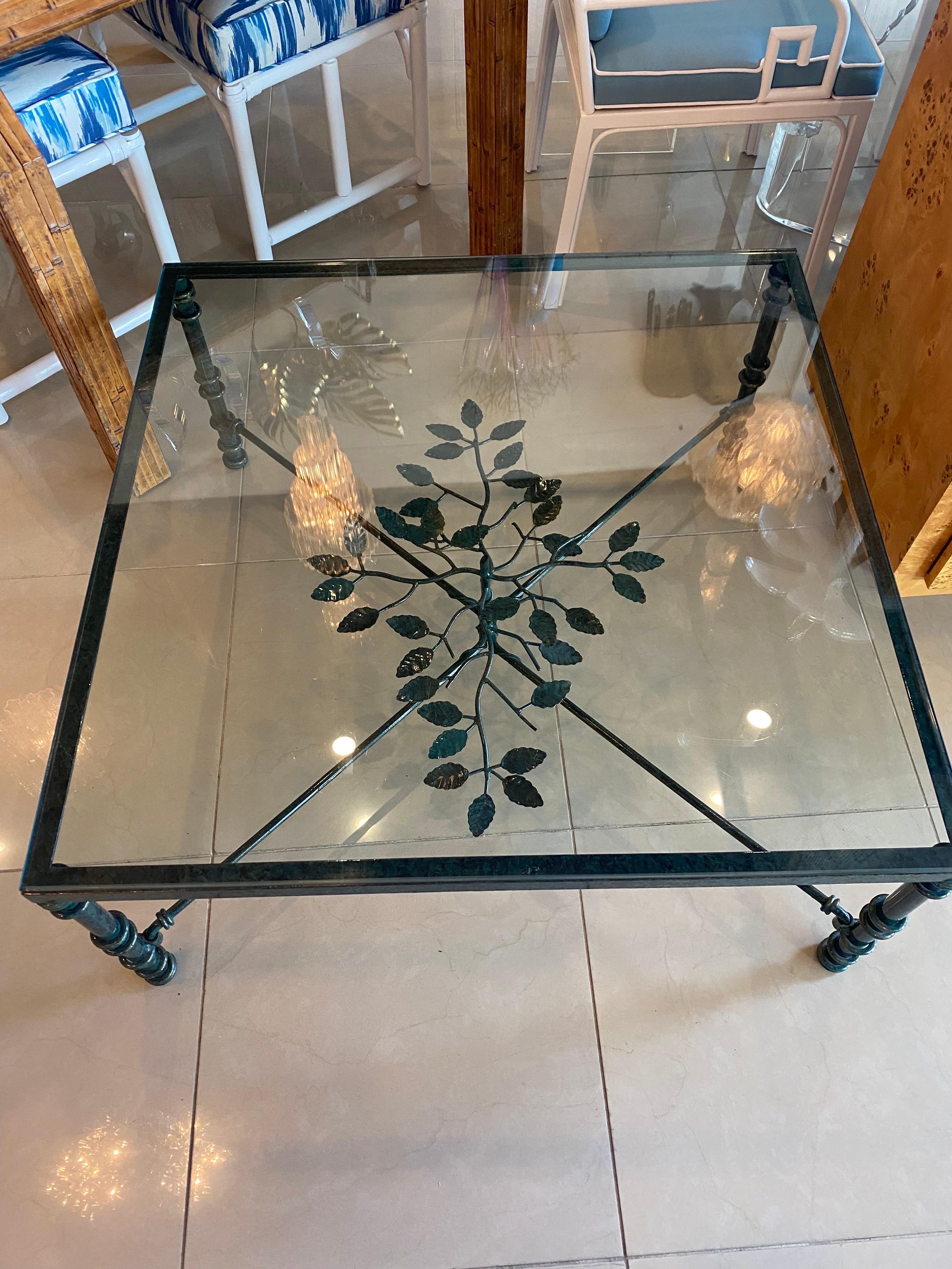 Unknown Vintage Metal Verdi Green Black Leaves Style of Giacometti Coffee Cocktail Table