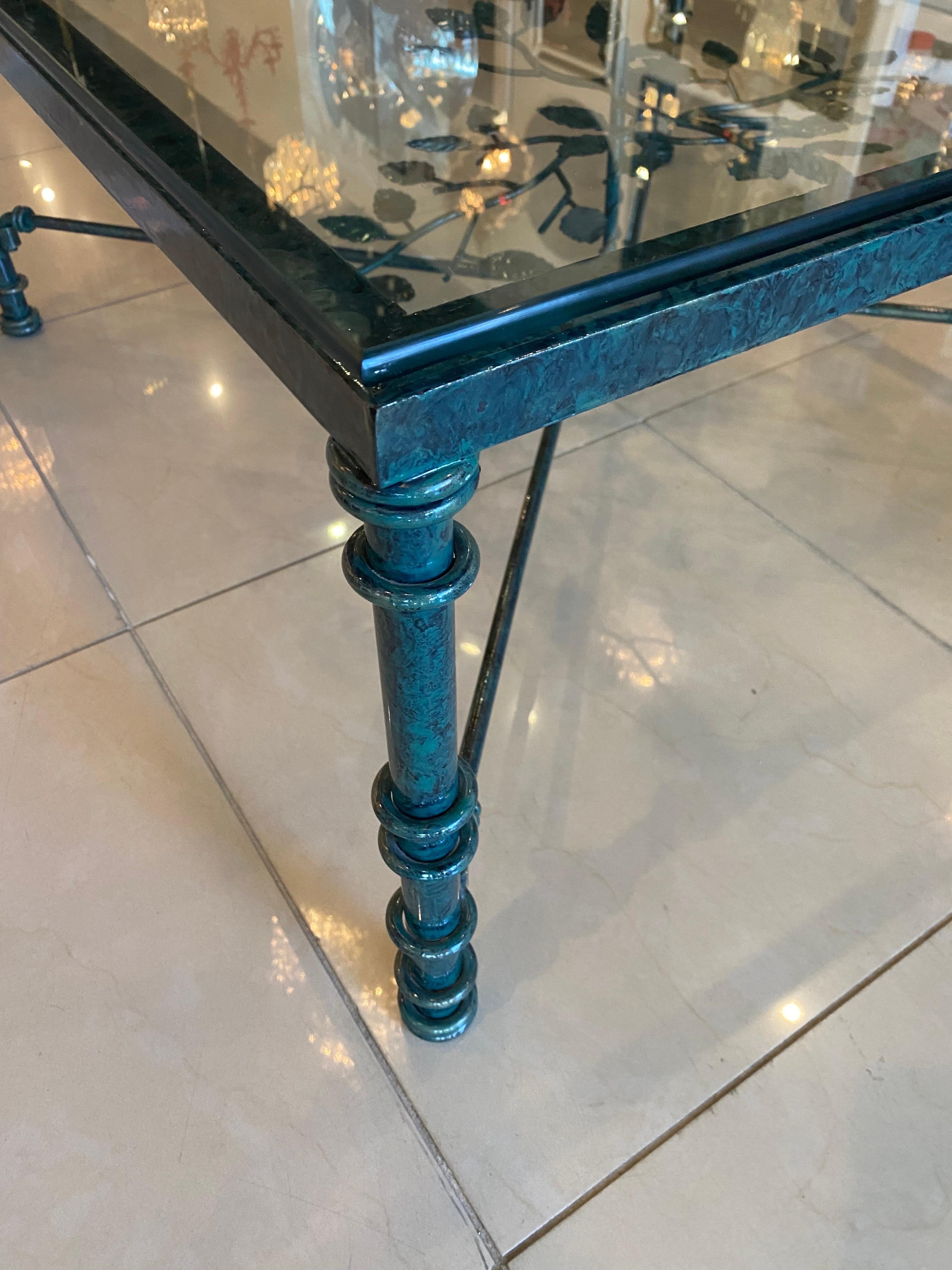 Vintage Metal Verdi Green Black Leaves Style of Giacometti Coffee Cocktail Table In Good Condition In West Palm Beach, FL