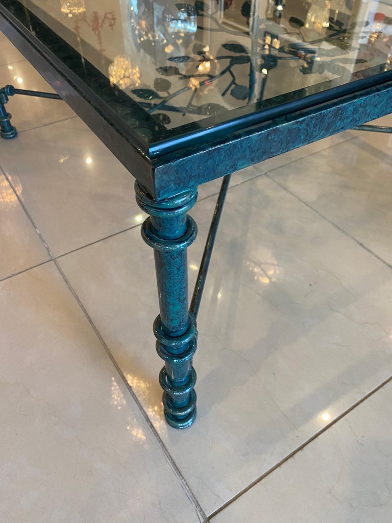 Late 20th Century Vintage Metal Verdi Green Black Leaves Style of Giacometti Coffee Cocktail Table For Sale