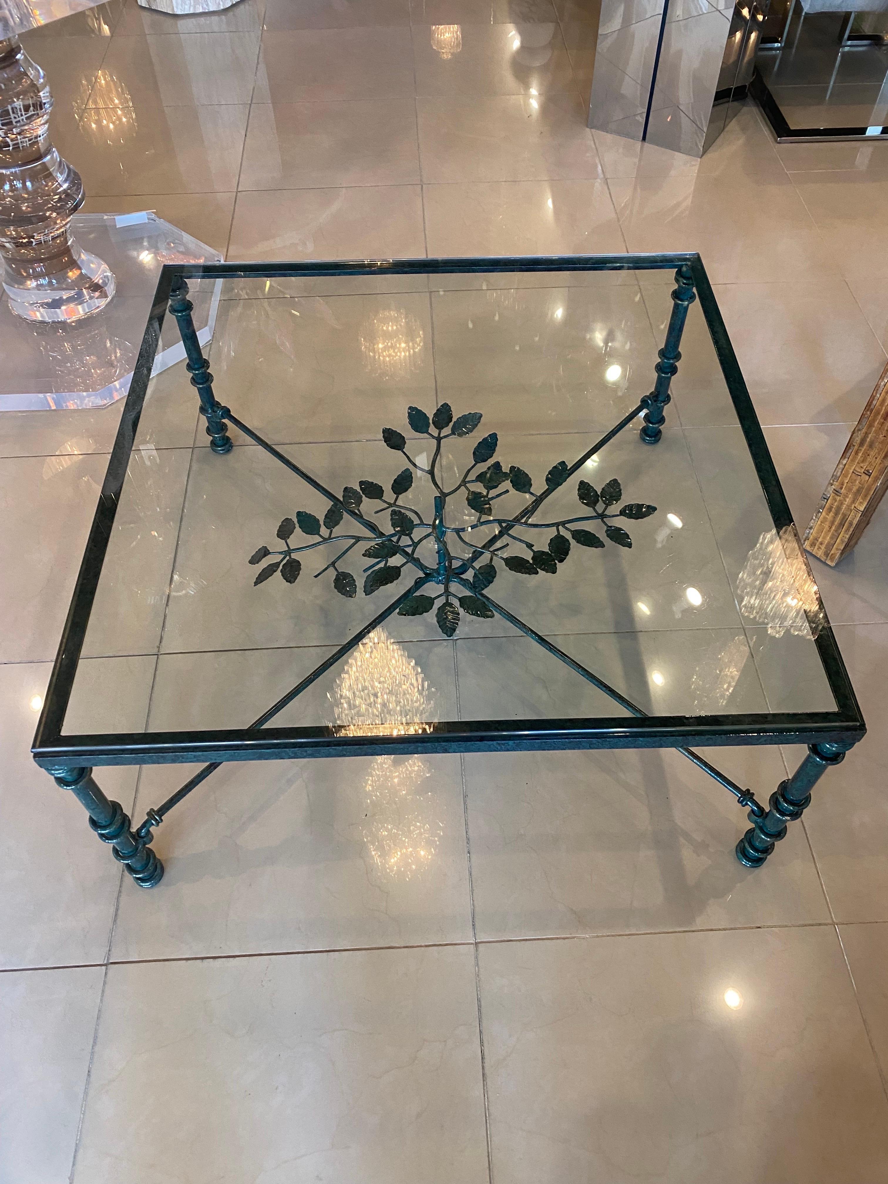 Late 20th Century Vintage Metal Verdi Green Black Leaves Style of Giacometti Coffee Cocktail Table