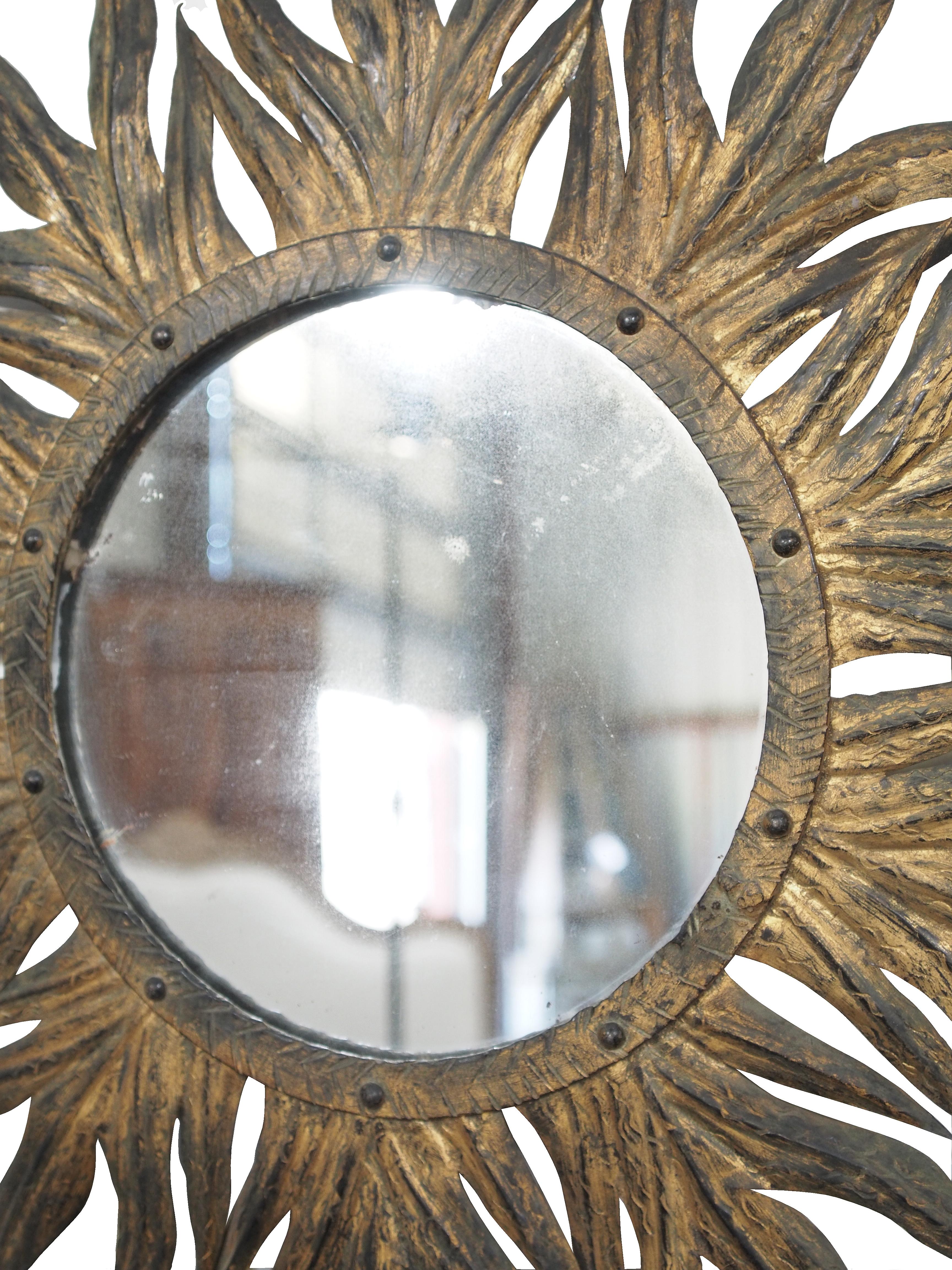 Vintage Iron Gilded Sun Mirror In Good Condition In New Orleans, LA