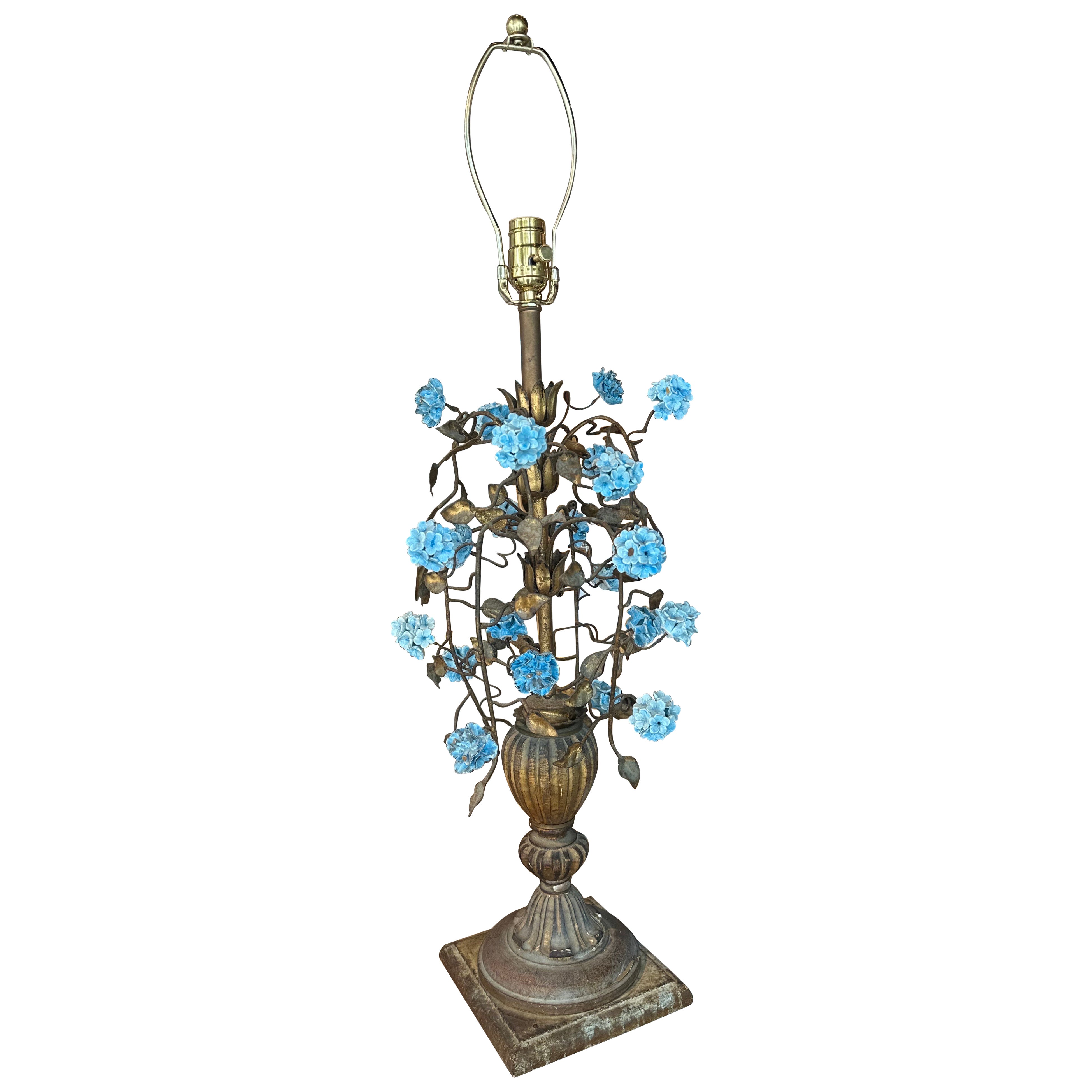 Vintage Metal Italian Tole & Porcelain Blue Hydrangea Table Lamp Newly Wired