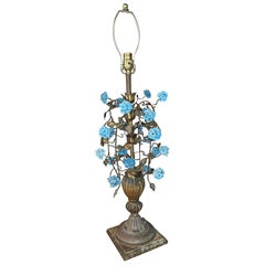 Vintage Metal Italian Tole & Porcelain Blue Hydrangea Table Lamp Newly Wired