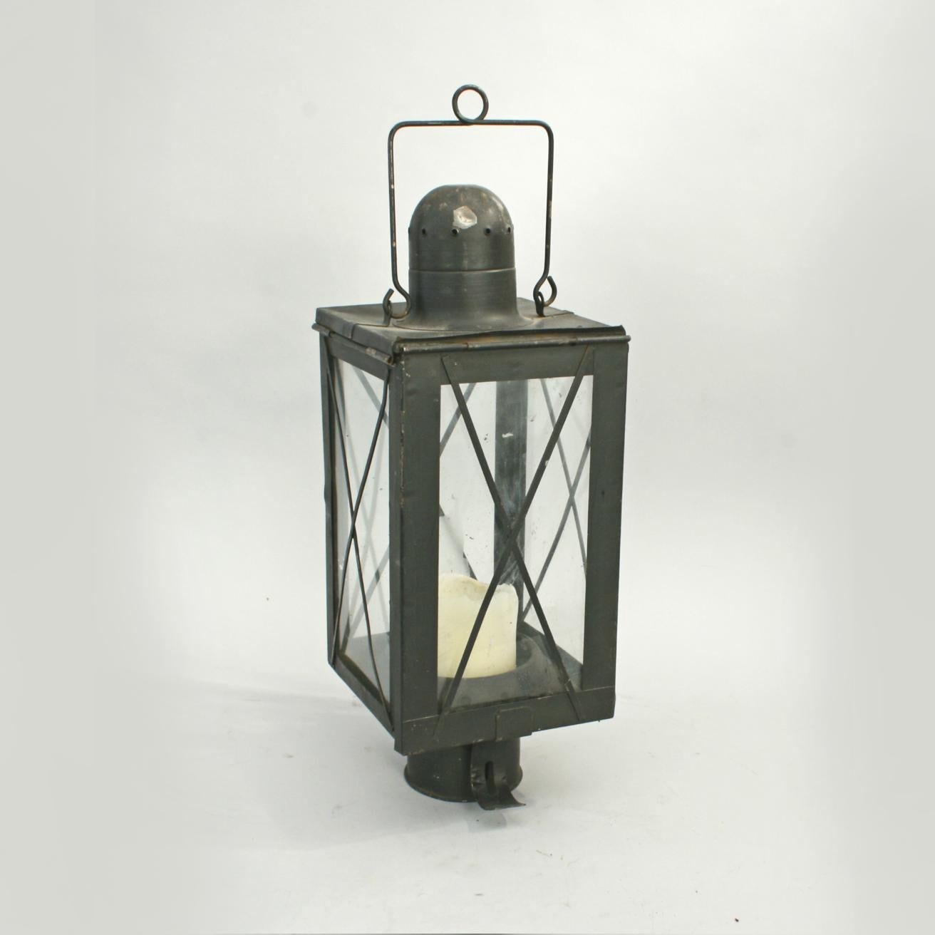 British Vintage Metal Lantern with Four Glass Pains with Metal Diagonal Protection Rods For Sale