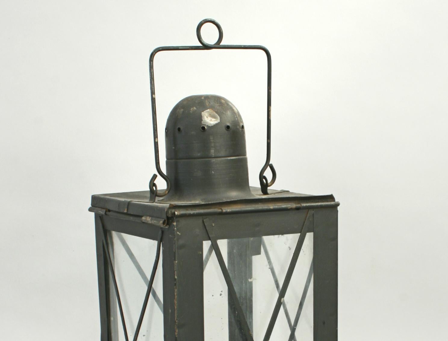 Vintage Metal Lantern with Four Glass Pains with Metal Diagonal Protection Rods In Good Condition For Sale In Oxfordshire, GB
