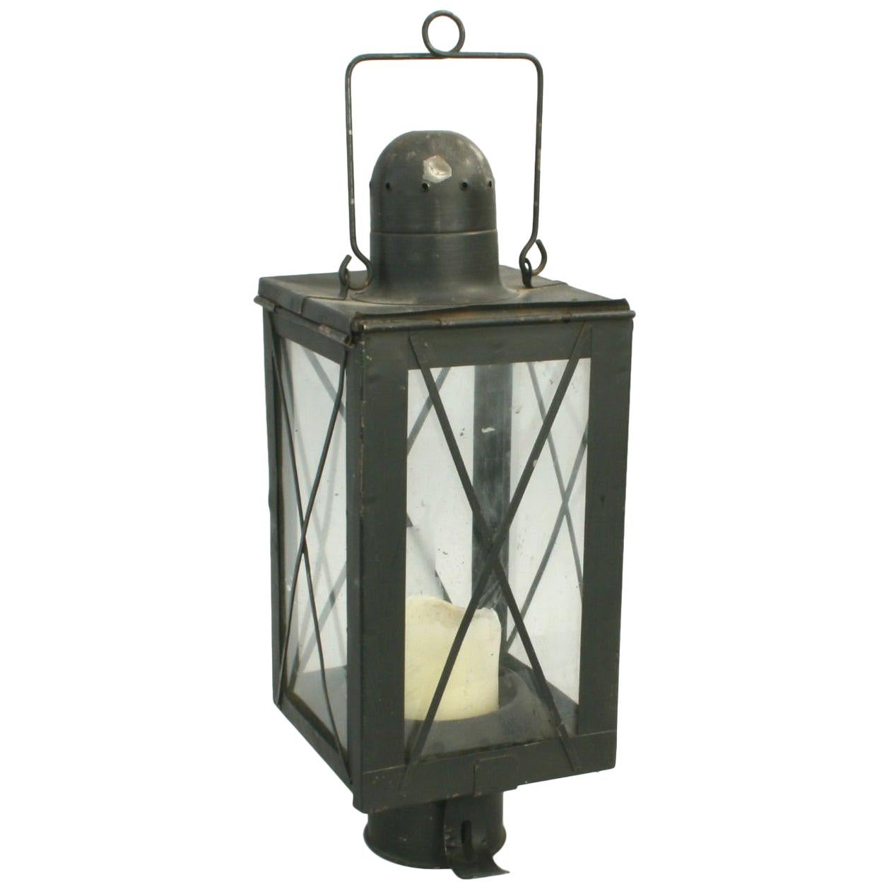 Vintage Metal Lantern with Four Glass Pains with Metal Diagonal Protection Rods For Sale