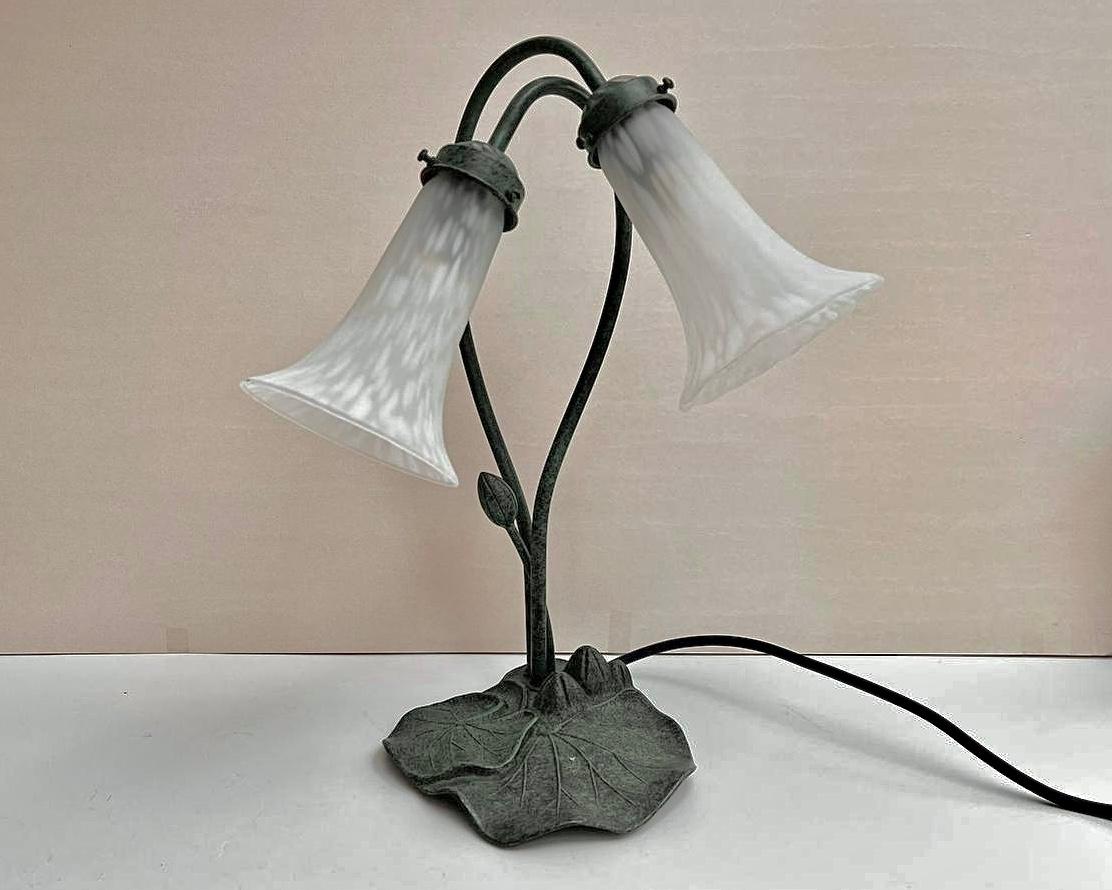 Art Nouveau Vintage Metal Lily Pad Table Lamp with Two White Lily Shades, Belgium For Sale