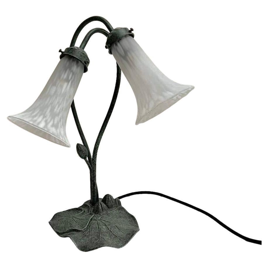 Vintage Metal Lily Pad Table Lamp with Two White Lily Shades, Belgium For Sale