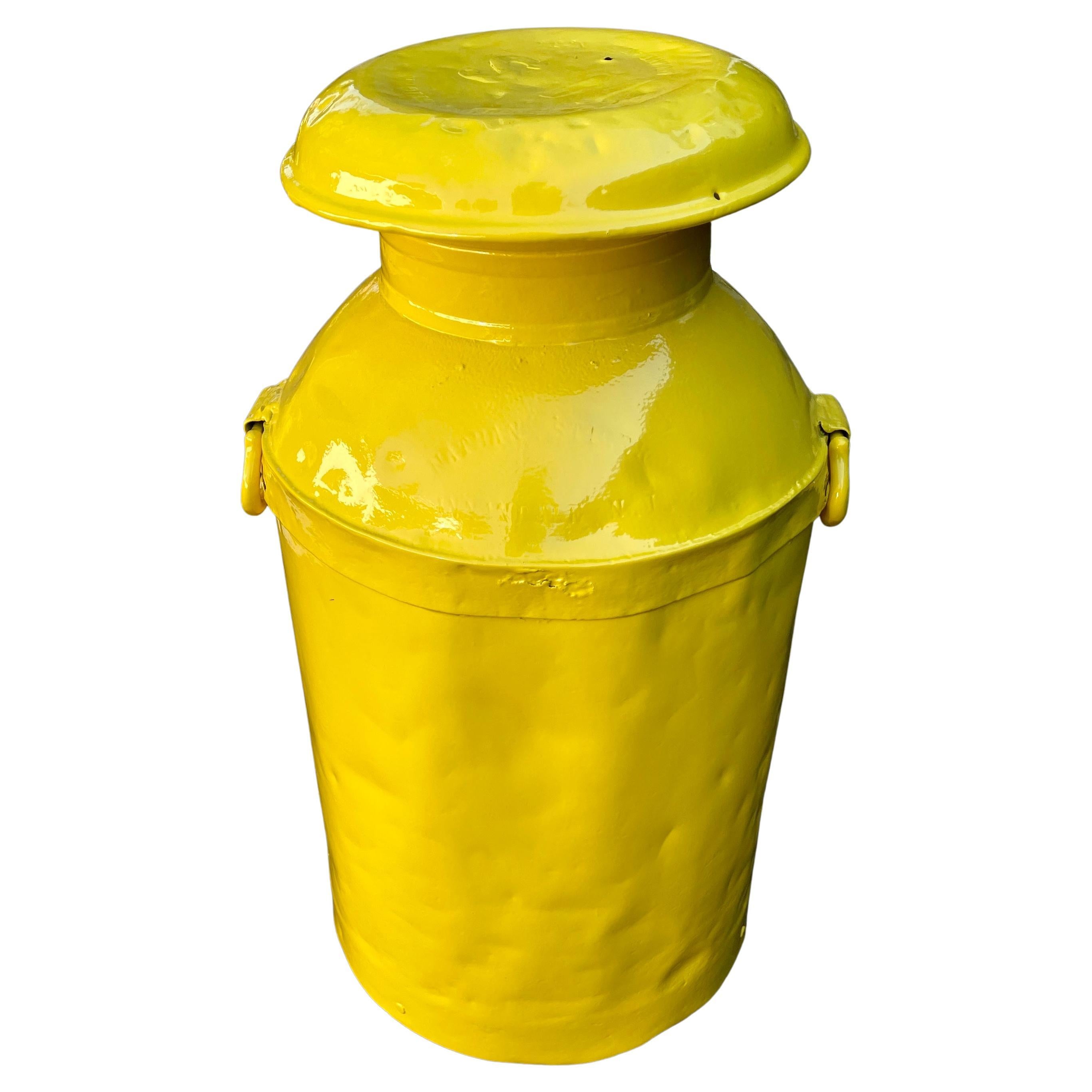 Industrial Vintage Metal Milk Jug Side Table, Powder Coated Yellow, Bright Sunshine For Sale
