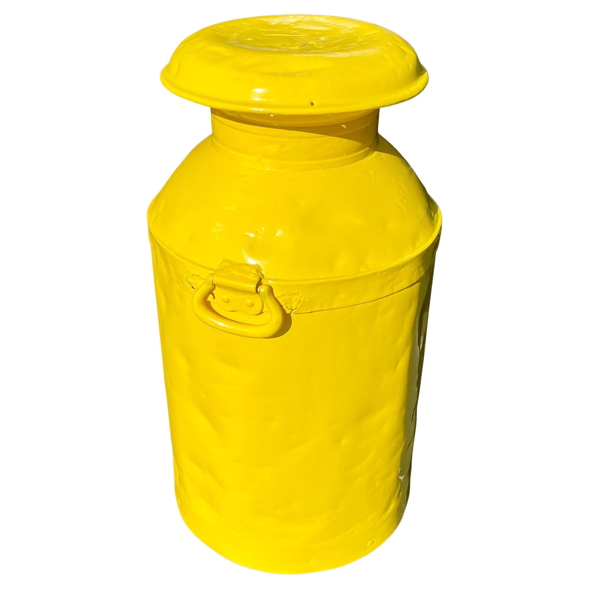 American Vintage Metal Milk Jug Side Table, Powder Coated Yellow, Bright Sunshine For Sale