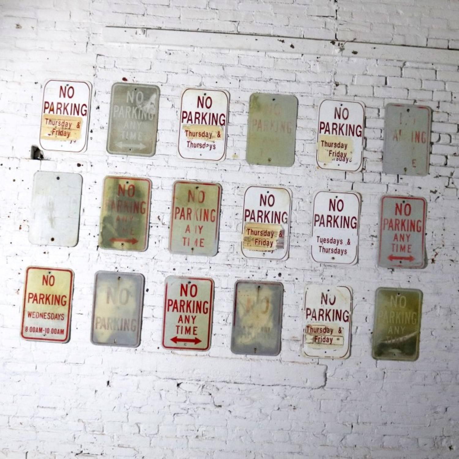 We are offering 18 vintage metal no parking signs in varying degrees of condition and patina. In the photos some signs look like there is no printing on them. It is there but very faded. We would not suggest these as a single purchase, but they do