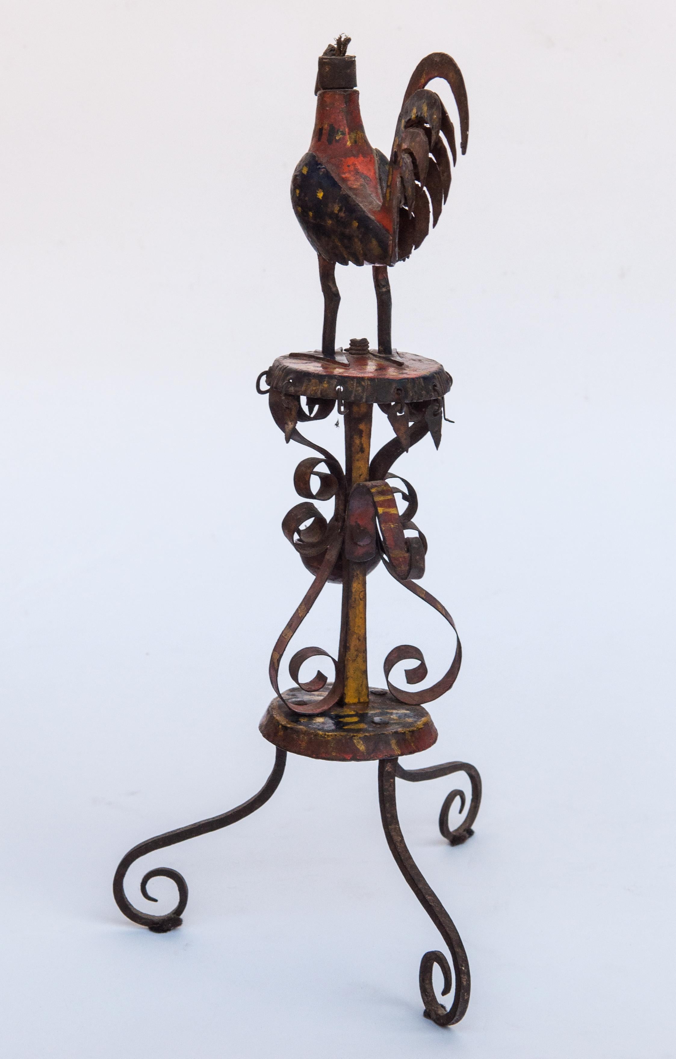 Vintage Metal Oil Lamp Rooster Motif Original Color Rural Nepal Mid-20th Century 5