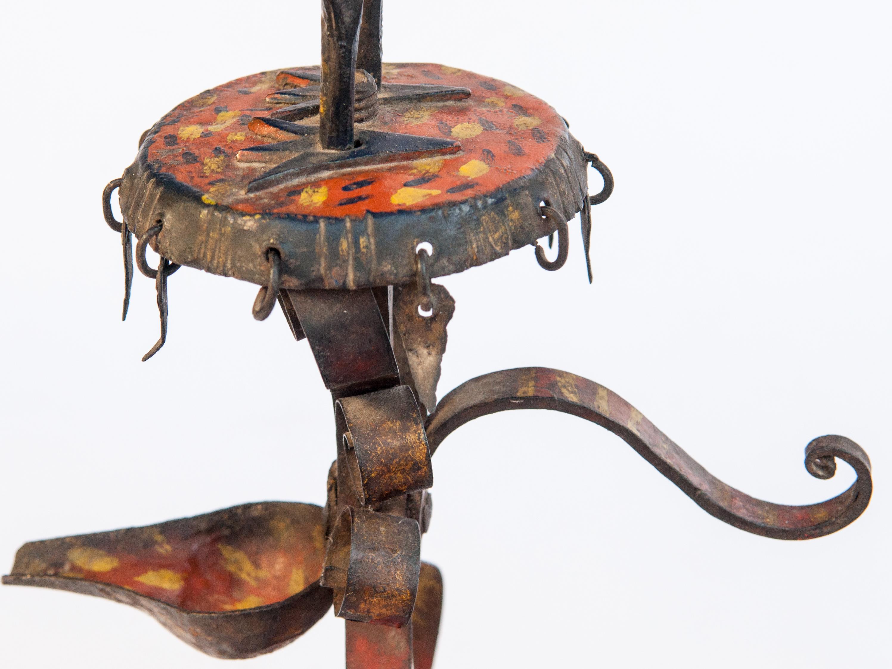 Vintage Metal Oil Lamp Rooster Motif Original Color Rural Nepal Mid-20th Century 8