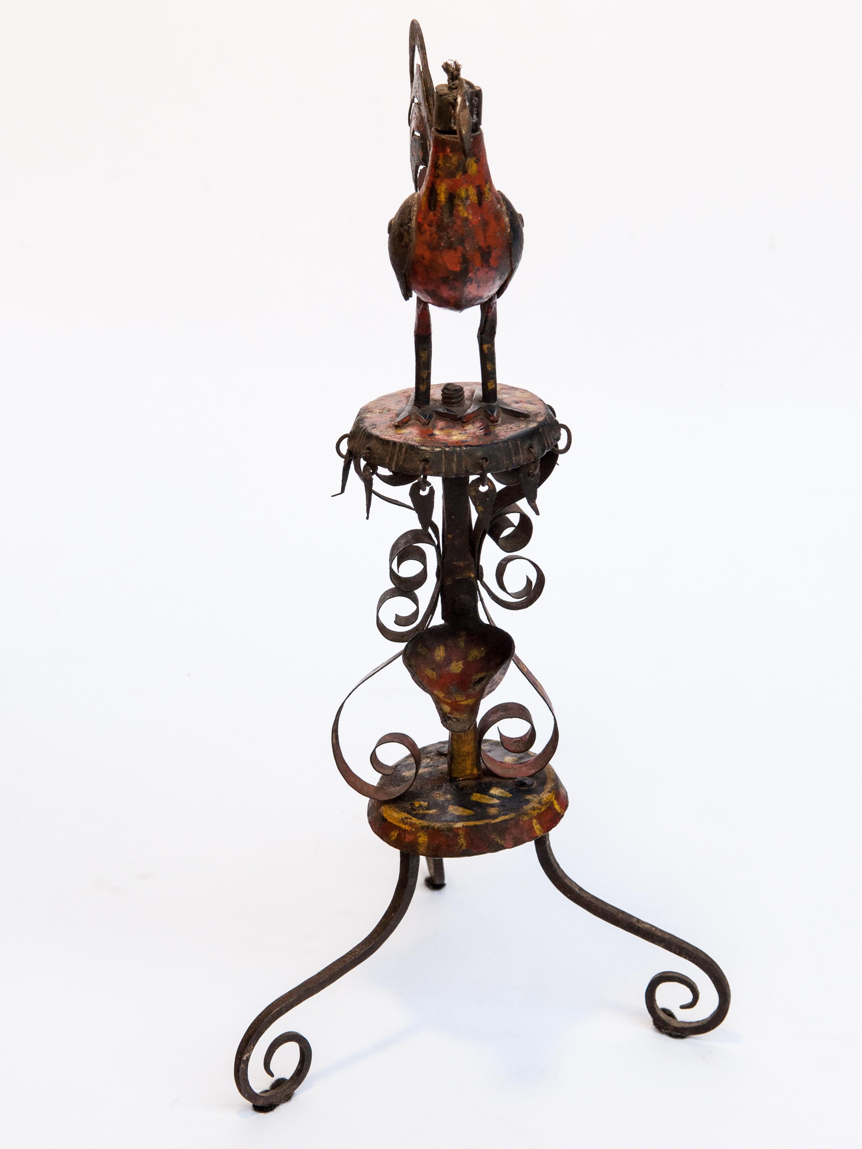 Nepalese Vintage Metal Oil Lamp Rooster Motif Original Color Rural Nepal Mid-20th Century
