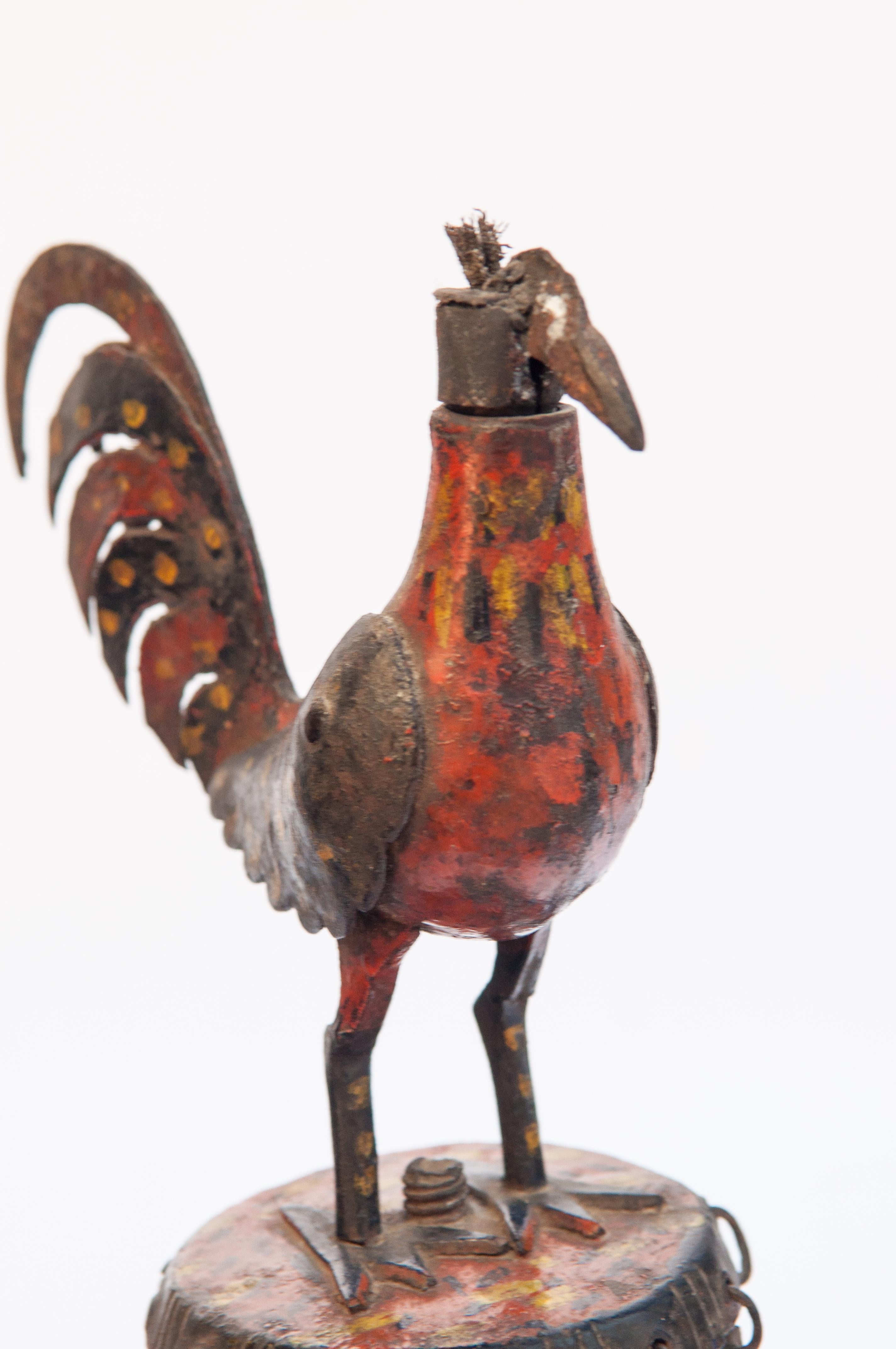 Hand-Crafted Vintage Metal Oil Lamp Rooster Motif Original Color Rural Nepal Mid-20th Century