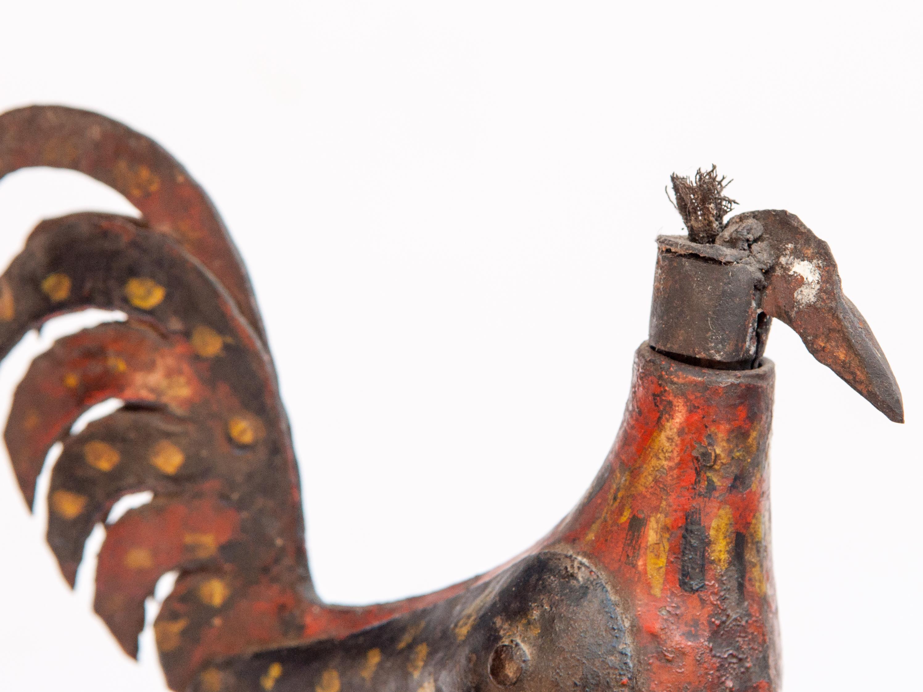 Wrought Iron Vintage Metal Oil Lamp Rooster Motif Original Color Rural Nepal Mid-20th Century