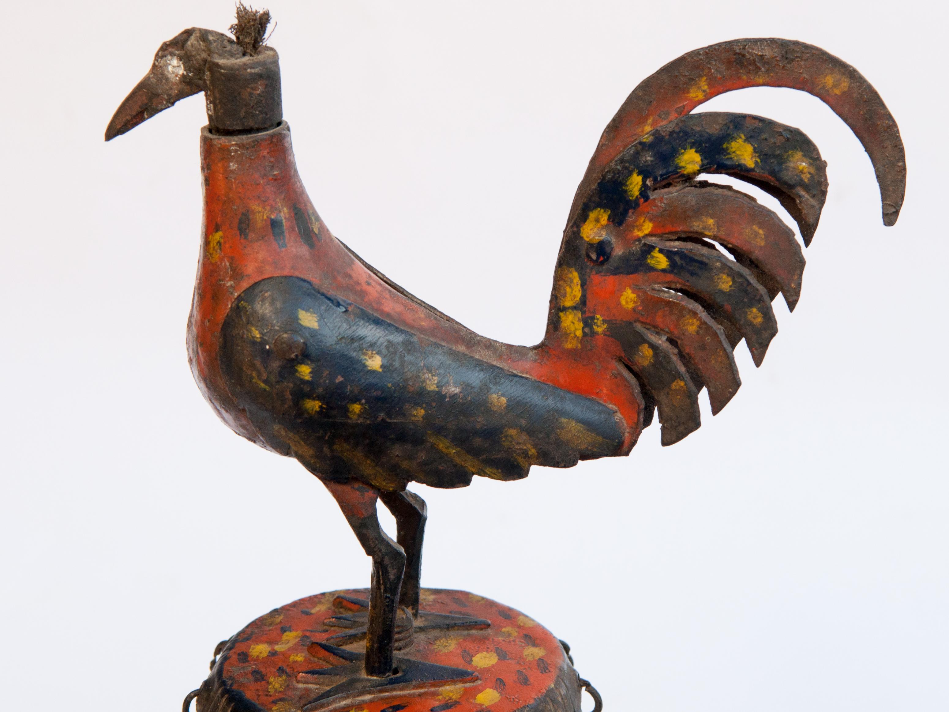 Vintage Metal Oil Lamp Rooster Motif Original Color Rural Nepal Mid-20th Century 1
