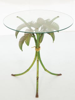 Vintage Metal Palm Accent Table with Glass Top