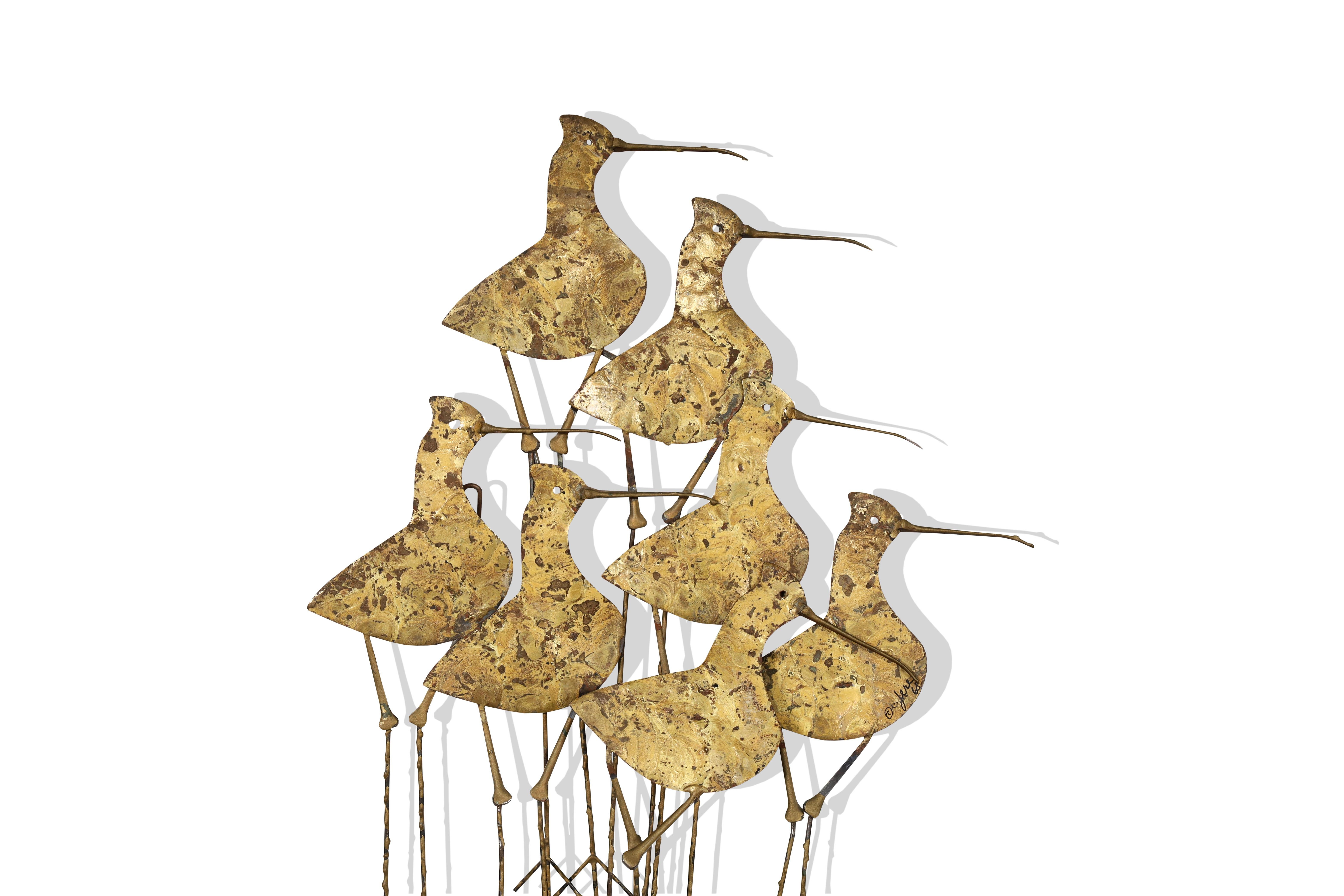Mid-Century Modern Vintage Metal Sandpipers Wall Sculpture by Curtis Jere, Signed For Sale