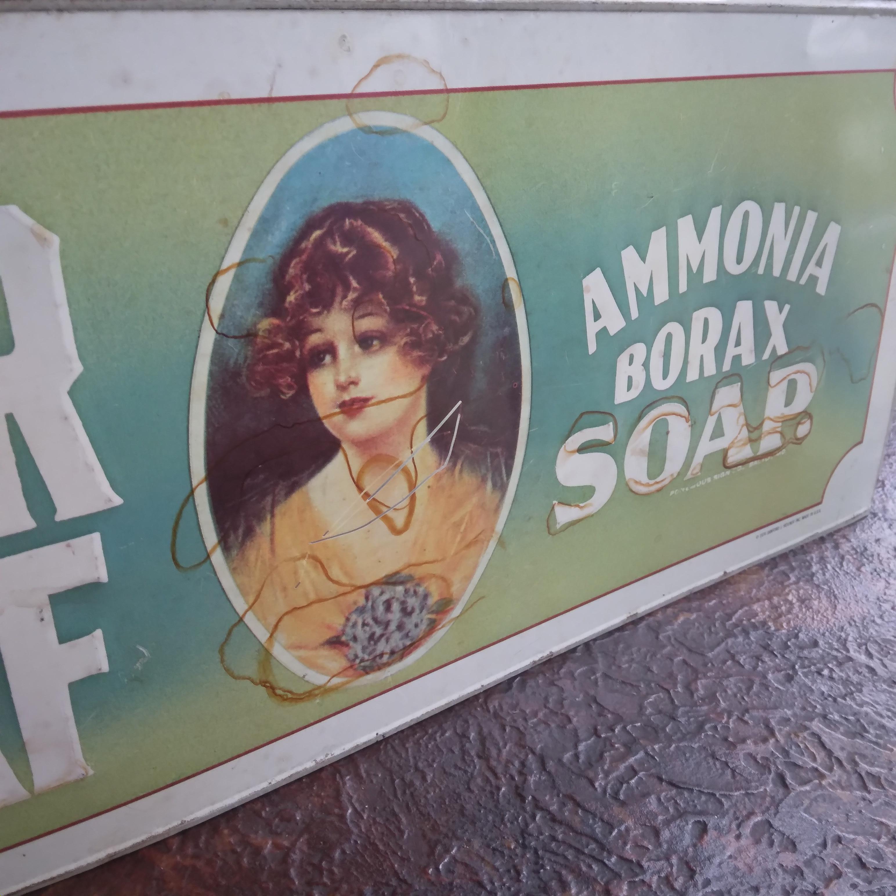Vintage Metal Sign Clover Leaf Ammonia Borax Soap - 1974 In Distressed Condition For Sale In Munster, IN