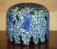 VINTAGE METAL STAiNED GLASS TIFFANY BLUE FLOWER STYLE LAMPSHADE