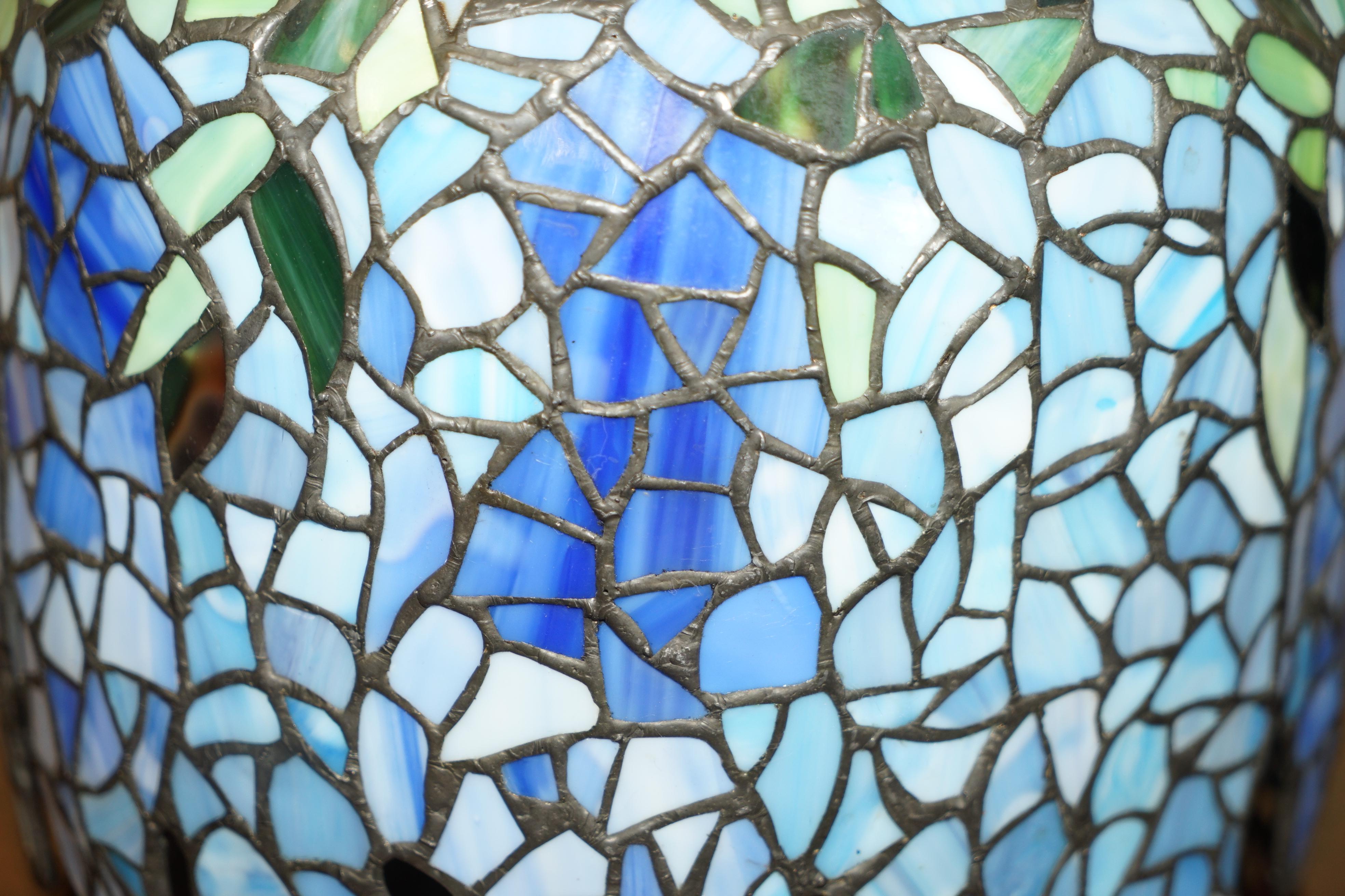 20th Century VINTAGE METAL STAiNED GLASS TIFFANY BLUE FLOWER STYLE LAMPSHADE