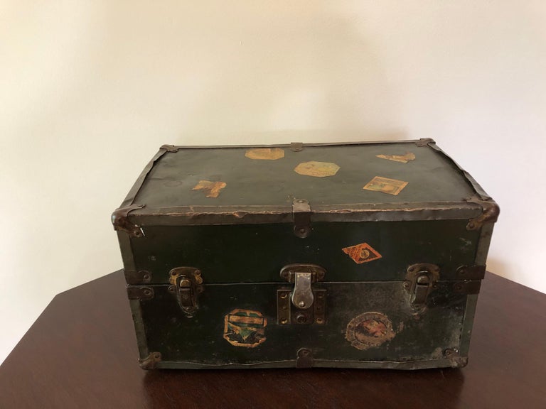 Vintage Metal Steamer Trunk with Luggage Label, Small For Sale at 1stDibs