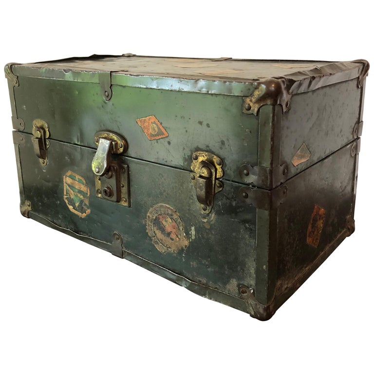 Vintage Metal Steamer Trunk with Luggage Label, Small For Sale at 1stDibs