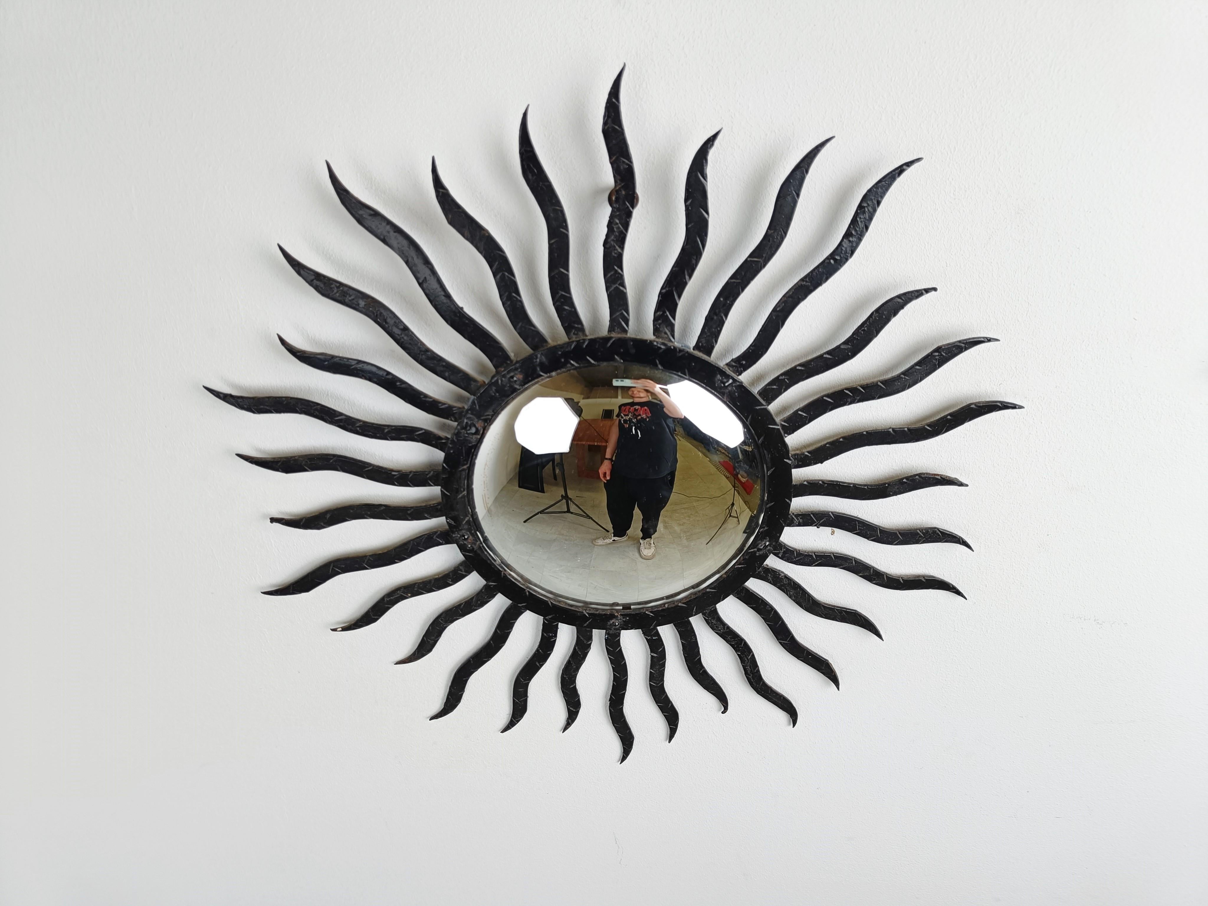 French Vintage Metal Sunburst Mirror, 1970s For Sale