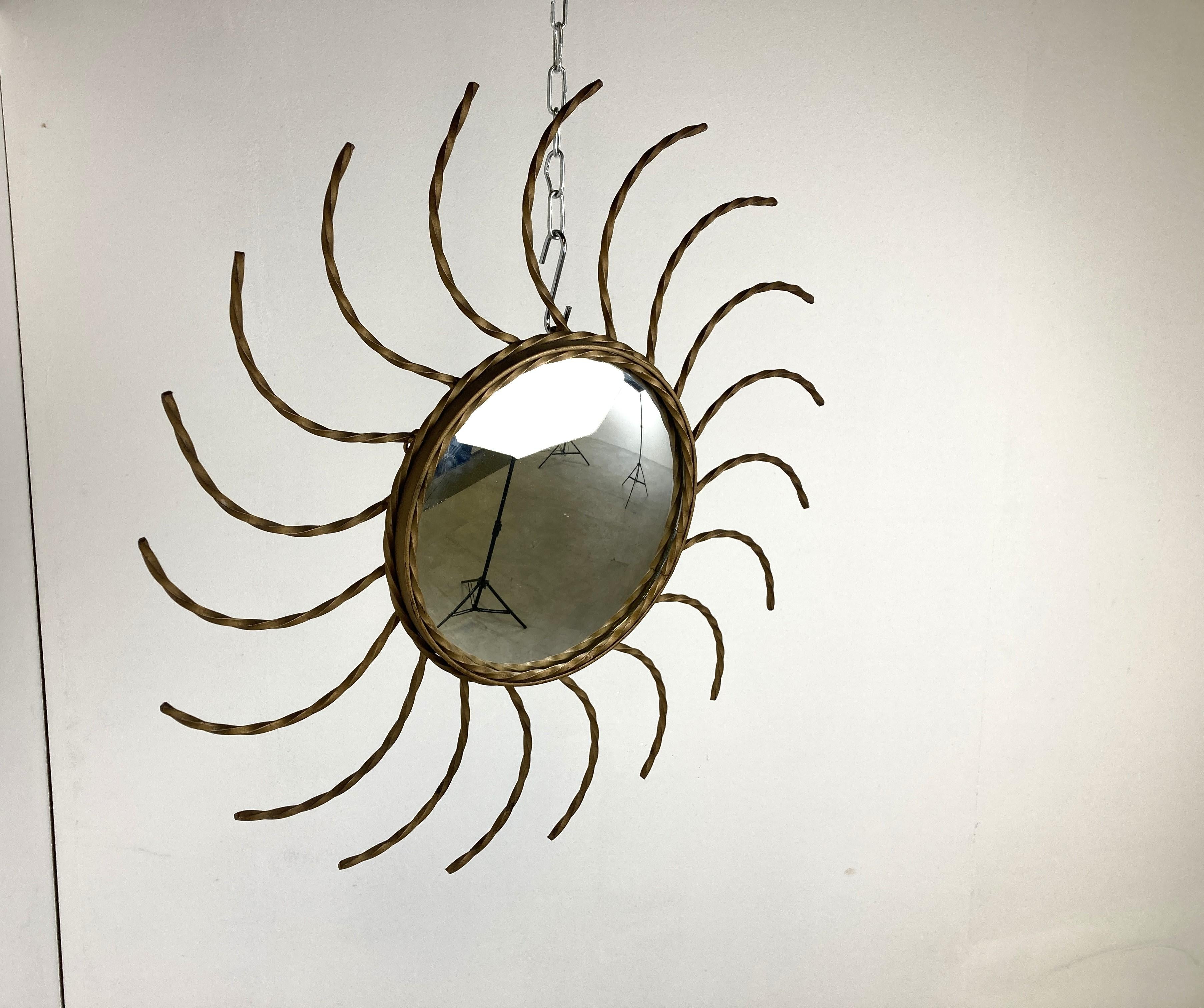 French Vintage metal sunburst mirror 1970s For Sale