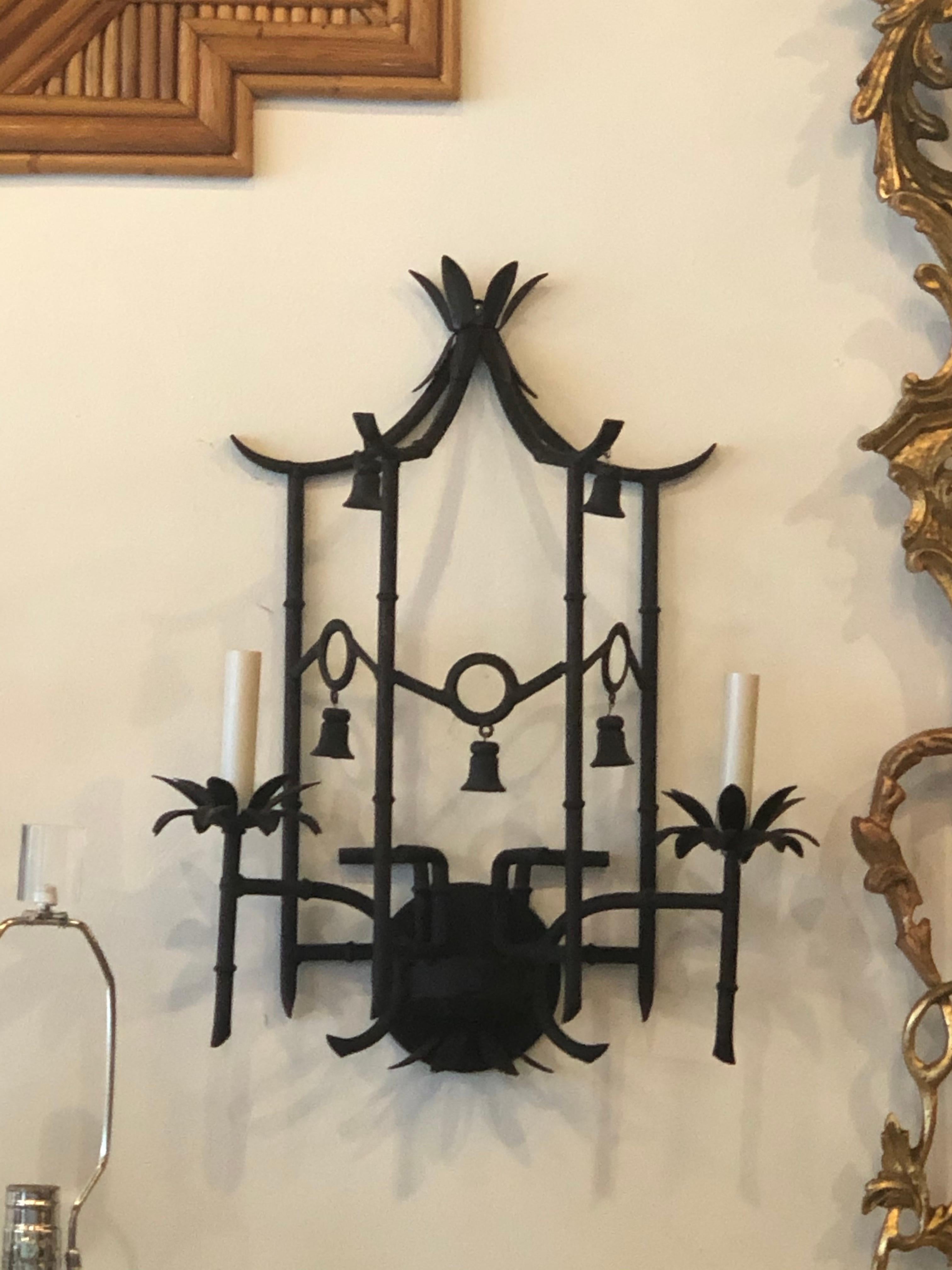 Beautiful vintage faux bamboo metal tole wall sconce. Pagoda top with bells. Only one. Two lights. Color can be changed for an additional charge.