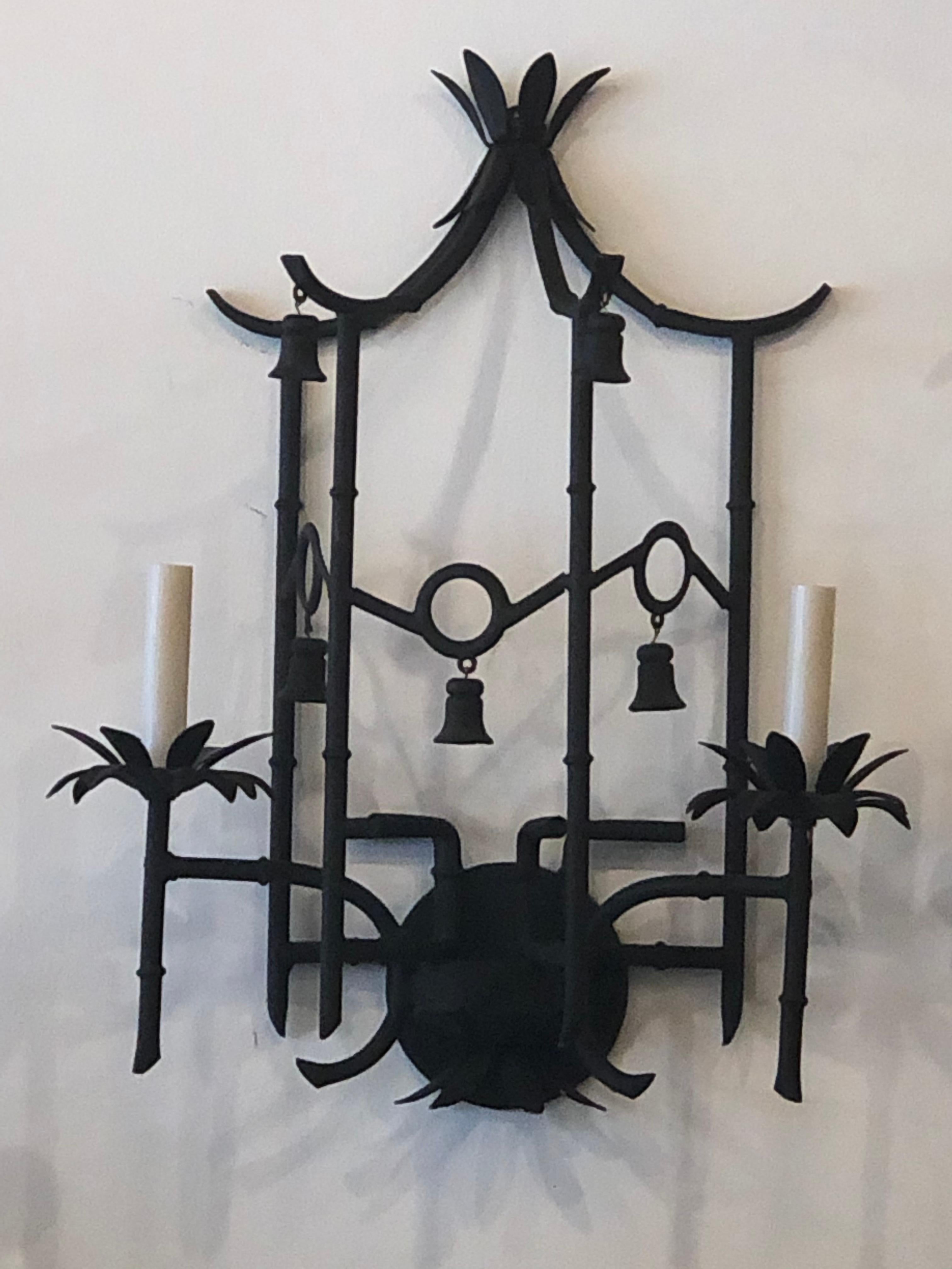 American Vintage Metal Tole Faux Bamboo Pagoda Bells Wall Light Sconce