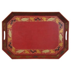 Retro Metal Tole Painted Red & Gold Handled Serving Bar Vanity Tray